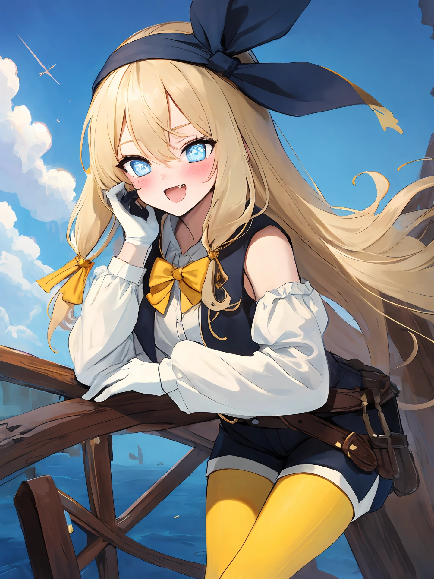 masterpiece,best quality,highres,cinematic lighting,dramatic angle,<lora:ShadowverseDeepSeaScoutV1-000039:0.8>,head scarf,blonde hair,pirate,blue eyes,star-shaped pupils,fangs,:d,blush,bare shoulders,vest,white shirt,detached sleeves,black gloves,flag,yellow pantyhose,black shorts,sheath,belt,on boat,ocean,boots,telescope,cowboy shot,bowtie,hair ribbon,braided bangs,(bent over:1.2),half-closed eyes,hand on own cheek,taunting