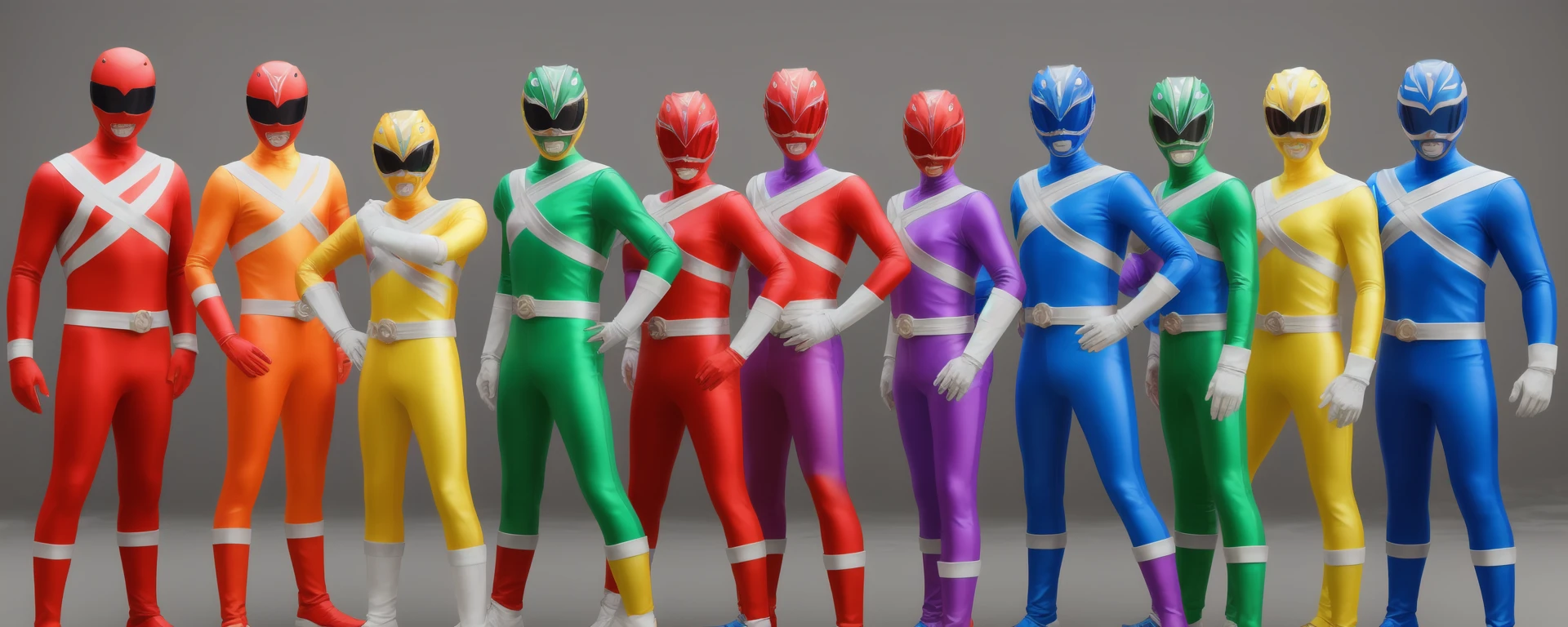 <lora:PwSA_v1:0.5>, a group of people in costumes, red, yellow, green, blue, violet, helmets, 5boys