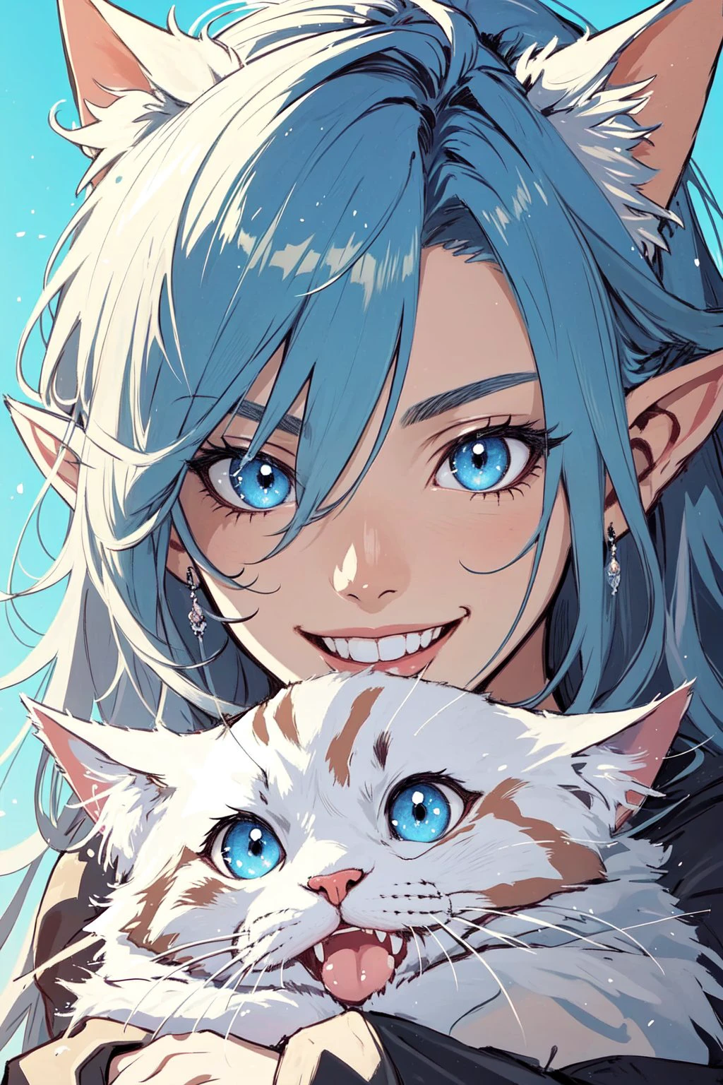 masterpiece, best quality, cold, colorful, anime, illustration. portrait, solo, cowboy shot, looking at viewer, detailed background, detailed face, 1girl, Nymph, soothing blue eyes, elf ears, long ears, blue hair, flowing hair, happy, smiling, BREAK, holding cat, 1cat, cute, fluffy, <lora:cat_20230627113759:0.2> <lora:sd-No.410cover:0.3>