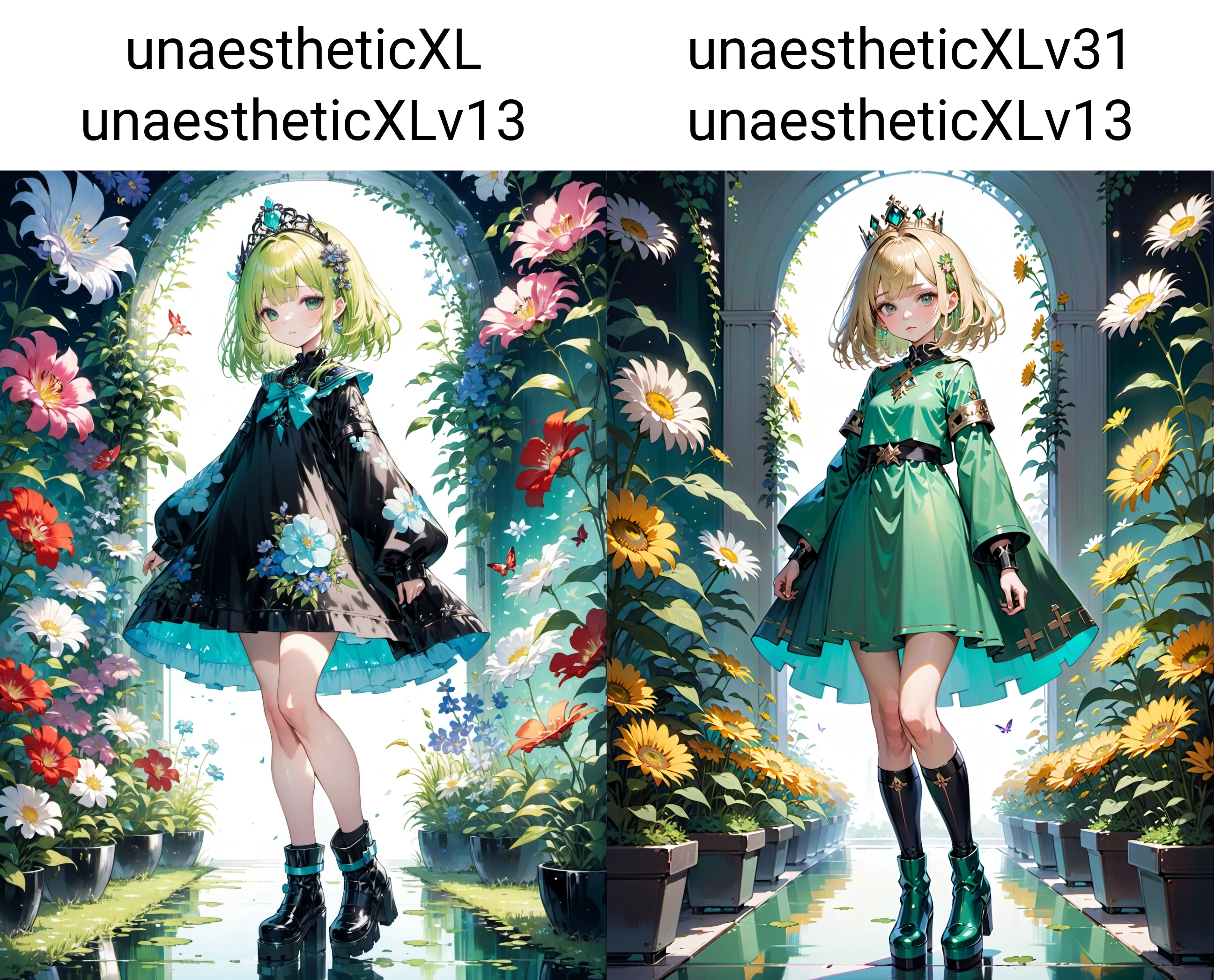 1girl, solo, jade, blond, absurdly long, bowl cut hair, hair,serafuku tiara high heel boots, sci-fi flower garden evening,full body