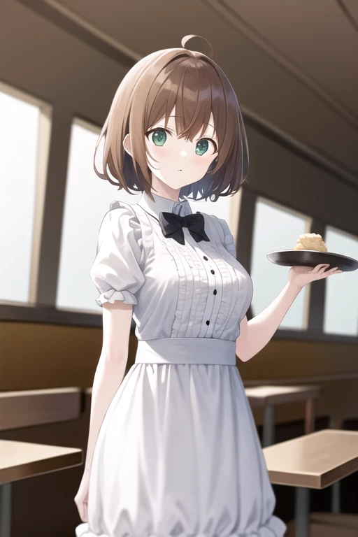 8k, highres, (a-1 pictures), masterpiece, ultra-detailed, anime, (high detail:1.1), 1girl waitress in restaurant and short brown hair and green eyes and medium breasts, <lora:naughty_to_nice:5>