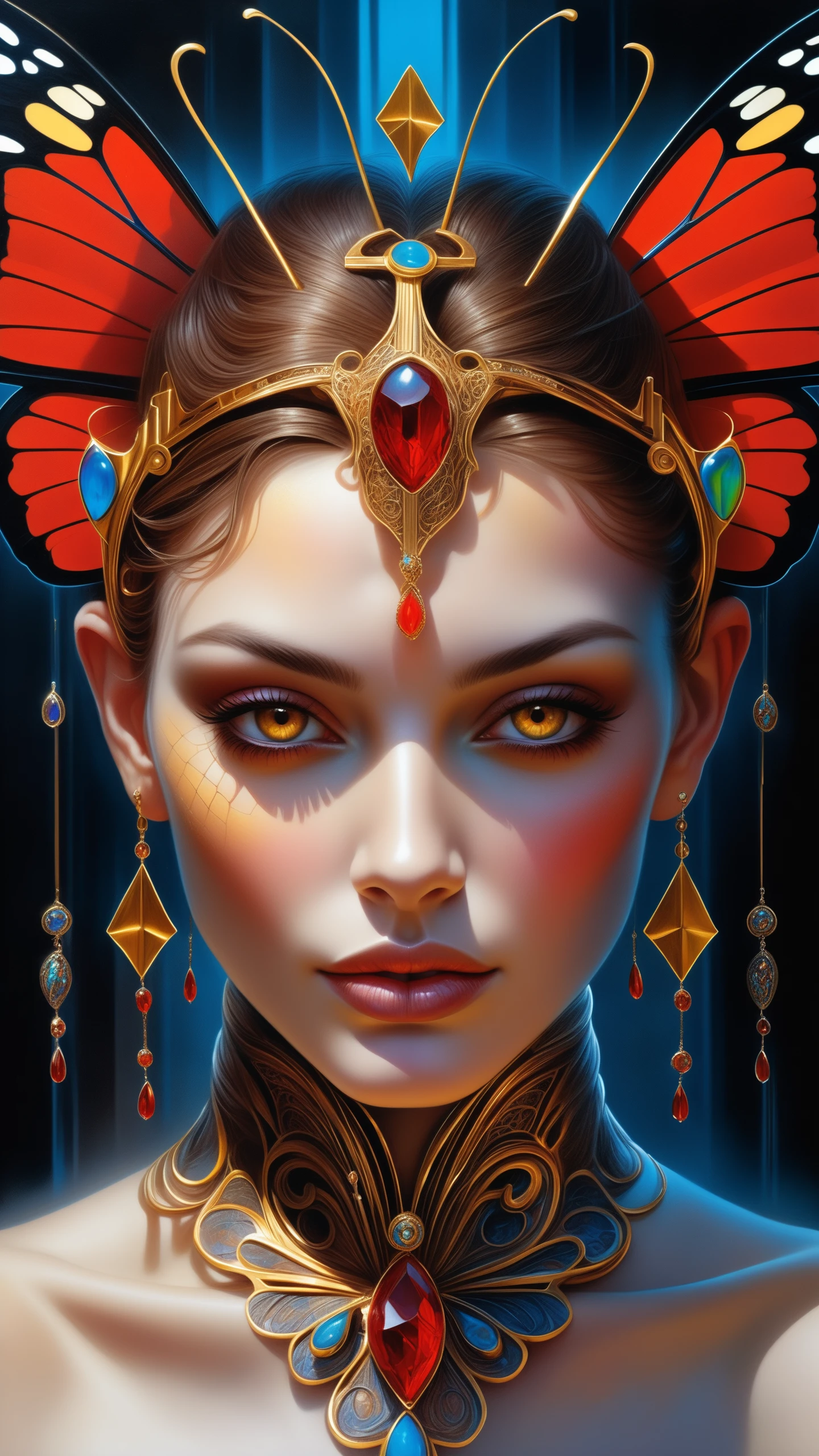 cyborg girl, 8k portrait of beautiful cyborg with brown hair, intricate, elegant, highly detailed, majestic, digital photography, art by artgerm and ruan jia and greg rutkowski surreal painting gold butterfly filigree, broken glass, (masterpiece, sidelighting, finely detailed beautiful eyes: 1.2), hdr, red bloody veins growing and intertwining out of the darkness, oozing thick red blood, veins growing and pumping blood, vascular networks growing, connecting, explanding, red veins everywhere, zdzislaw beksinski, (by ruaidri, Michael & Inessa Garmash, Ruan Jia, Pino Daeni), impasto impressionism, detailed face, (short hair), detailed face, detailed eyes, smile, jewelry, necklace, ((topless)), yellow eyes, ((full body)), looking at viewer, (rainbow skin:1.3), (Repetition:1.1), (Cross-hatching:1.1), (Infrared:1.2), Toxic substance, ultra detailed, intricate, oil on canvas, ((dry brush, ultra sharp)), (surrealism:1.1), (disturbing:1.1), beksinski style painting, sparks, backlighting, Bracelet, RTX, Post Processing, satanic cross