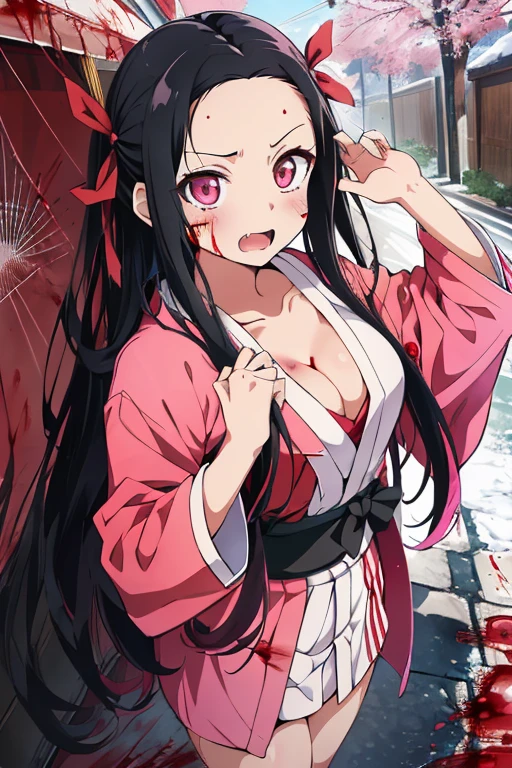 anime, hdr, soft light, ((best quality)), ((masterpiece)), (detailed), <lora:kamado_nezuko_offset:1> kamado nezuko, black hair, forehead, open mouth, fangs, pink eyes, very long hair, hair ribbon, japanese clothes, pink kimono, multicolored hair, pink ribbon, cleavage, angry, horn, standing, legs apart, fighting pose, blood, blood on clothes, blood on face, flowing blood, destruction, kimetsu no yaiba style, sparks,