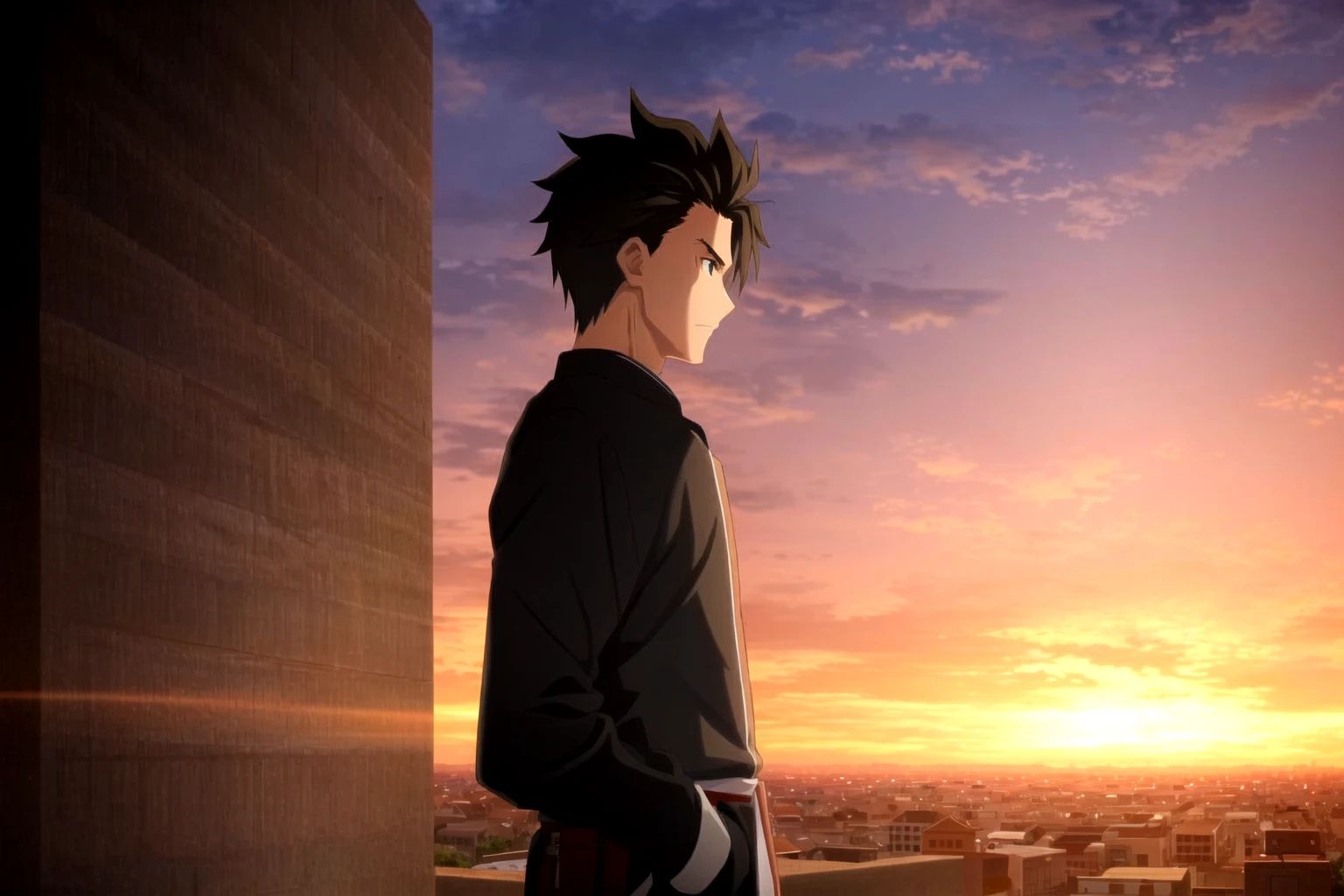 ufotable style, 1boy, hand in pocket, from side, looking at viewer, hair slicked back, sunset, cityscape, upper body, from behind, light rays, light particles, feathers, scenery, masterpiece, best quality, casual
<lora:ufotable_lycoris_v4:1>