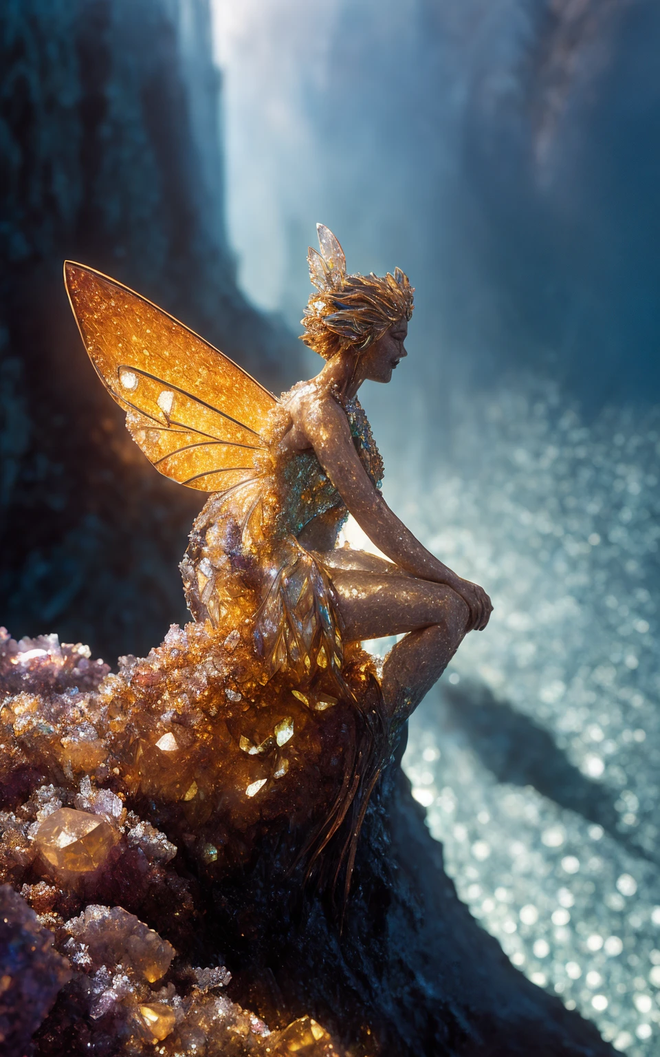 photorealistic stark analog photo, Photorealism, crstal17-8000, a beautiful fairy beside a magnificent bronze-toned cliff with waterfall, very detailed, intricate, (misty:1.1)