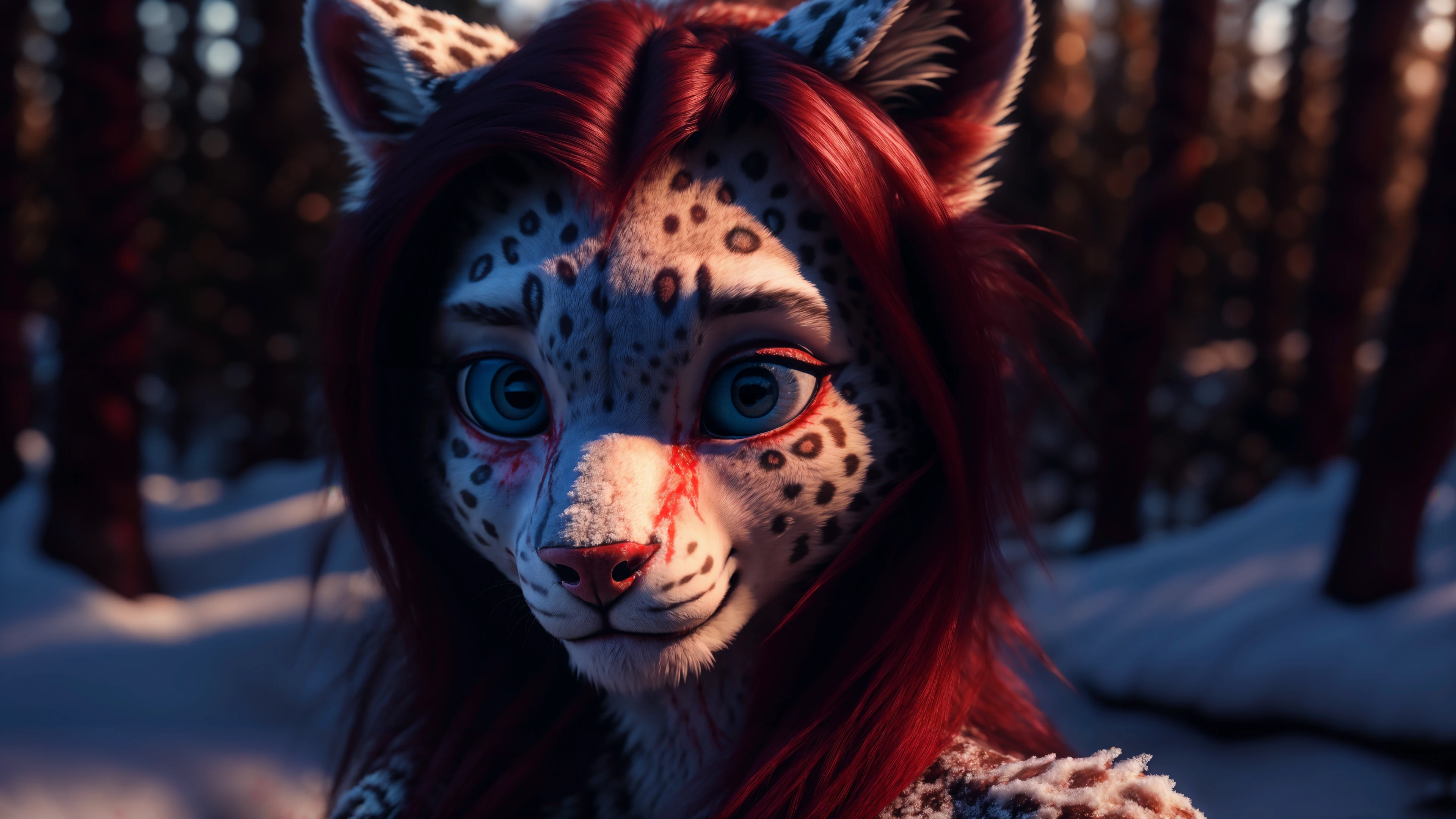 (blood runs down the fur, girl covered on blood, blood on snow:1.4), winter forest, realistic snow, detailed background, furry female, snow leopard, body fur, fur, (anthro), fluffy, neck fur, body fur, animal ears, animal nose, blush, nude, pawpads, outdoors, blue detailed eyes, long hair, hair ornament, white hair, full body, smiling, cute, shy, young, petite, slim, feminine, large eyes, breasts, solo, standing,
3d octane render, unreal engine raytraced screenshot, cgi, photorealistic, redshift, unrealistic lighting,high detail, realistic, masterpiece, absurdres, best quality, HDR, high quality, high-definition, extremely detailed, 8k wallpaper, intricate details, 8K uhd, Full-HD, (realistic photo:1.2), contrast, harsh lighting, cinematic lighting, natural lighting, hard light, backlighting, ray tracing, global illumination, ambient occlusion, depth of field, Field of View, lens flare, bloom, stunning environment, Rim Lighting, Soft Lighting, Accent Lighting, Filmic, Tonal Colors, Nikon D750, Brenizer Method, F/2.8, Tonal Colors, ProPhoto RGB, Perfectionism, Diffraction Grading, RAW photo, dslr, film grain, Fujifilm XT3