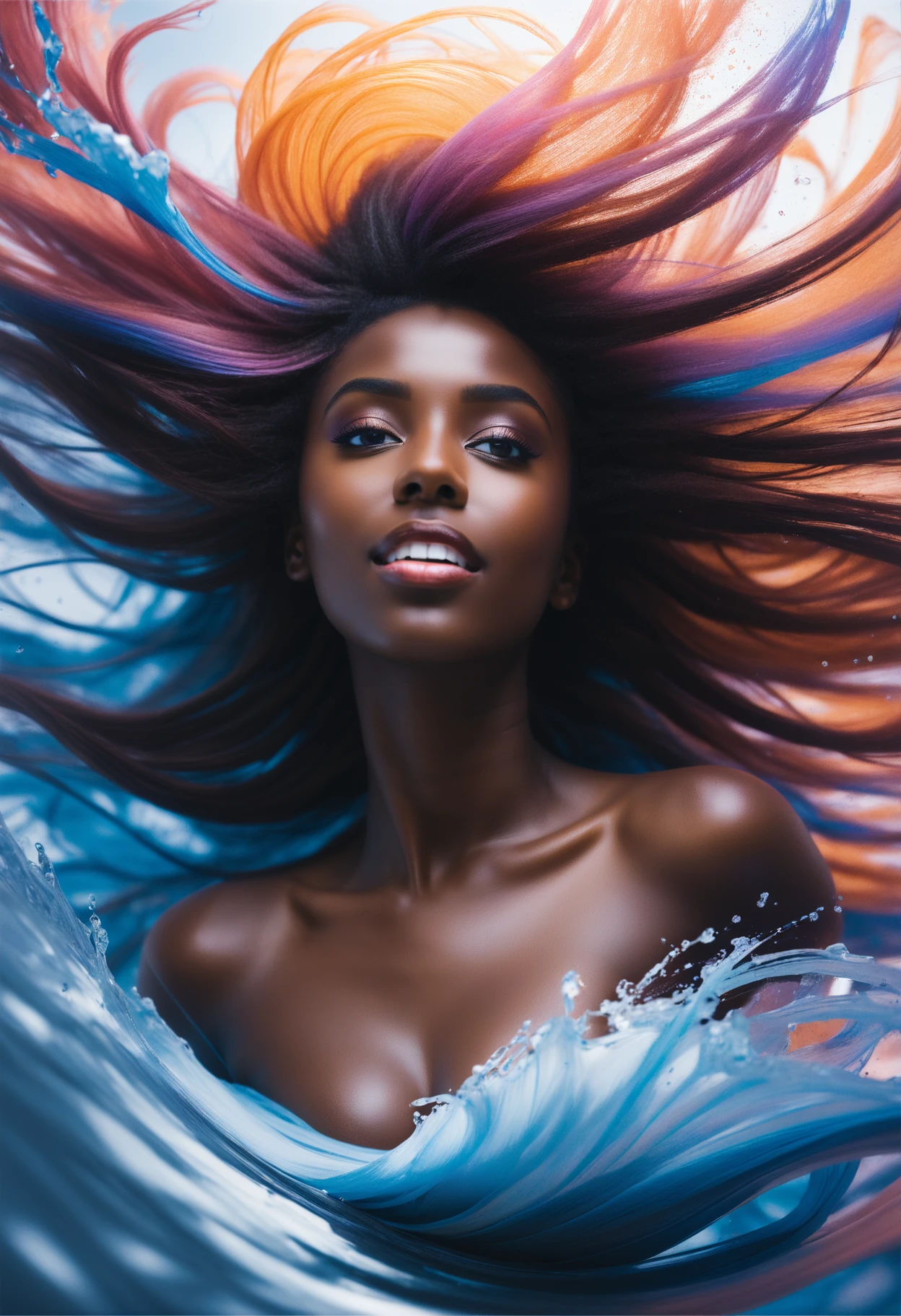 a perfect dark skin girl flying through a magical portal inside liquid with metaballs of the (universe:1.2) and hundred pink perfect woman hairs flying in stormy portal (by Agnes Cecile) and Pablo Carpio, sunrise, smile, blue eyes, magical portal, arcane magic, fantasy, colored skin, masterpiece, best quality, (intricate details), (****), eldritch, volumetric lighting, unique pose, dynamic pose, dutch angle, 35mm, anamorphic, lightroom, cinematography, film grain, HDR10, 8k hdr, Steve McCurry, ((cinematic)), RAW, color graded portra 400 film, remarkable color, raytracing, subsurface scattering, professional 3d model, abstract expressionism, complex background, face focus,