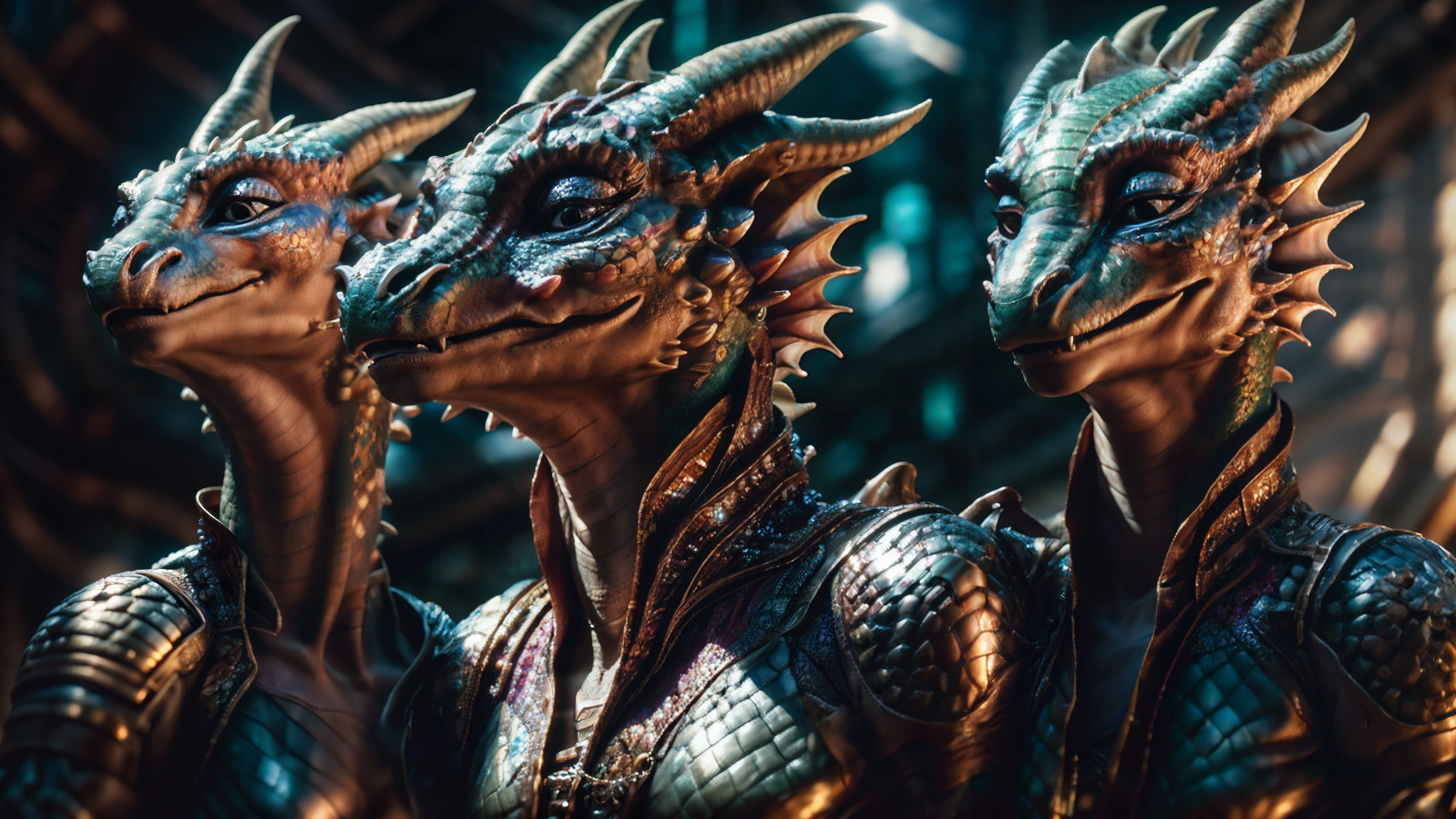 High detail, film, cinematic, realistic, young girl, cyberpunk, cyborg, jewels, (halo), (luxury clothes), solo, (makeup), detailed background,kobold, female, smiling, multicolored scales,
detailed scales, realistic scales, kobold horns, scaly tail, full body, cgi, photorealistic, high detail, realistic, masterpiece, absurdres, best quality, HDR, high quality, high-definition, extremely detailed, 8k wallpaper, intricate details, 8K uhd, Full-HD, (realistic photo:1.4), contrast, global illumination, ambient occlusion, depth of field, Field of View, lens flare, bloom, stunning environment