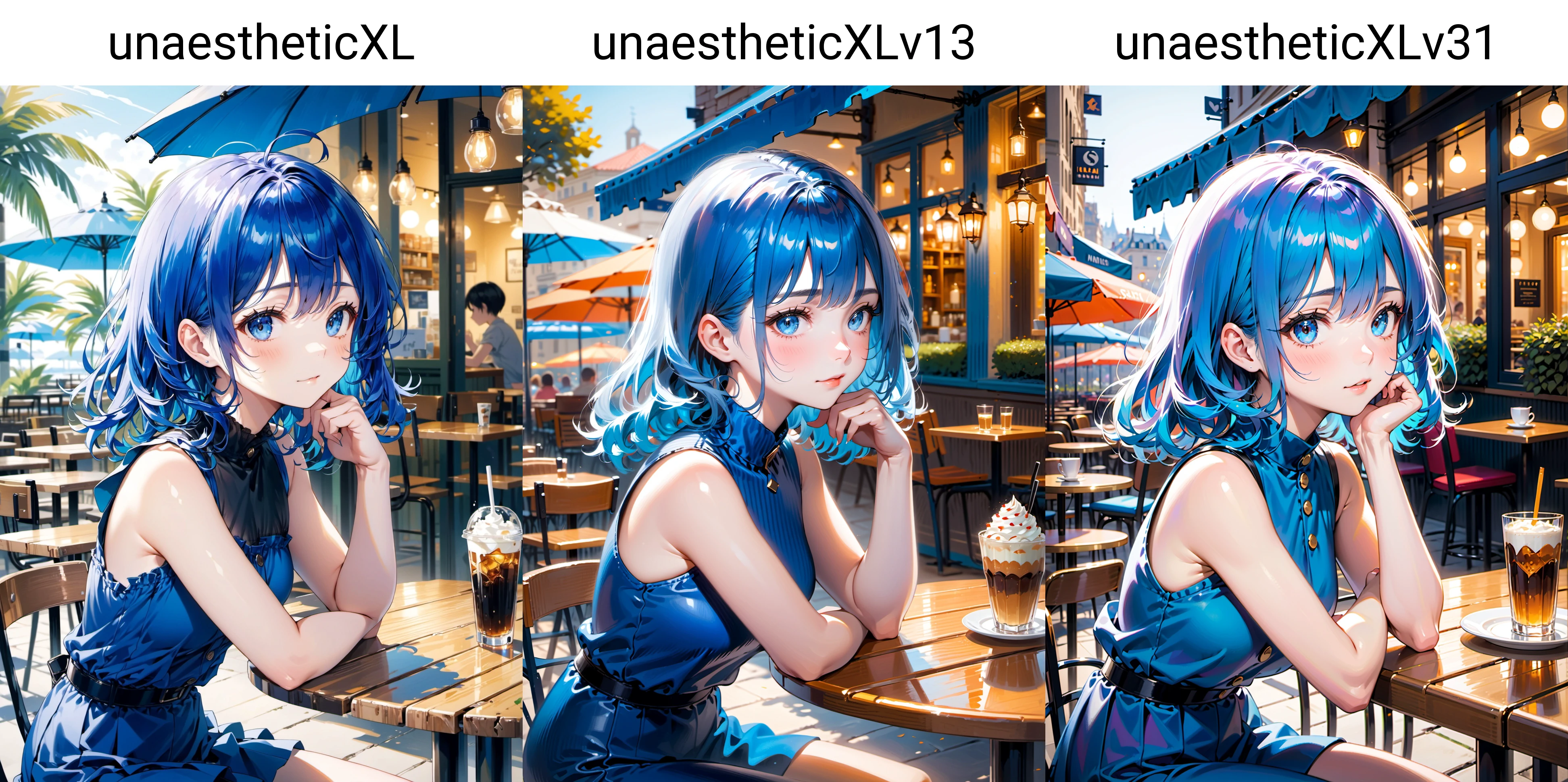 1girl, solo, blue, jet, very short, lightly curled inwards hair, hair, cafe terrace,