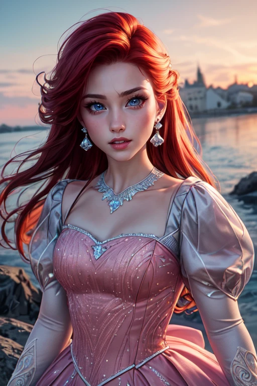 (masterpiece:1.2), (best quality), (ultra detailed), (8k, 4k, intricate),(full-body-shot:1), (highly detailed:1.2),(detailed face:1.2), (detailed background),detailed landscape, ((portrait)), (dynamic pose:1.2), <lora:more_details:0.5> <lora:ariel:0.7>ariel 1girl, solo, long hair, blue eyes, long sleeves, dress, jewelry, red hair, earrings, teeth, puffy sleeves, blurry, lips, blurry background, pink dress