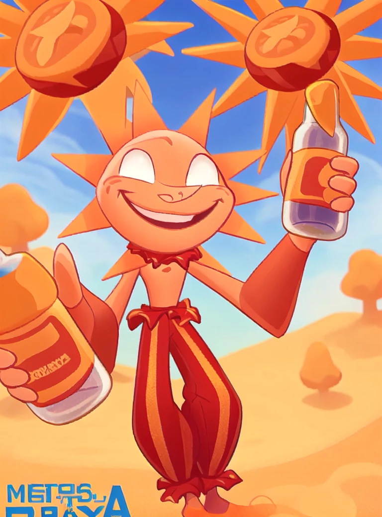 SunFNAF, bell, red clothing, bottomwear, (humanoid), male, sun, rays, spikes, smile, solo, white eyes, full body <lora:dca-2d-run3:0.75> plastic bottle, drinking, soda bottle, (best quality, masterpiece:1), detailed