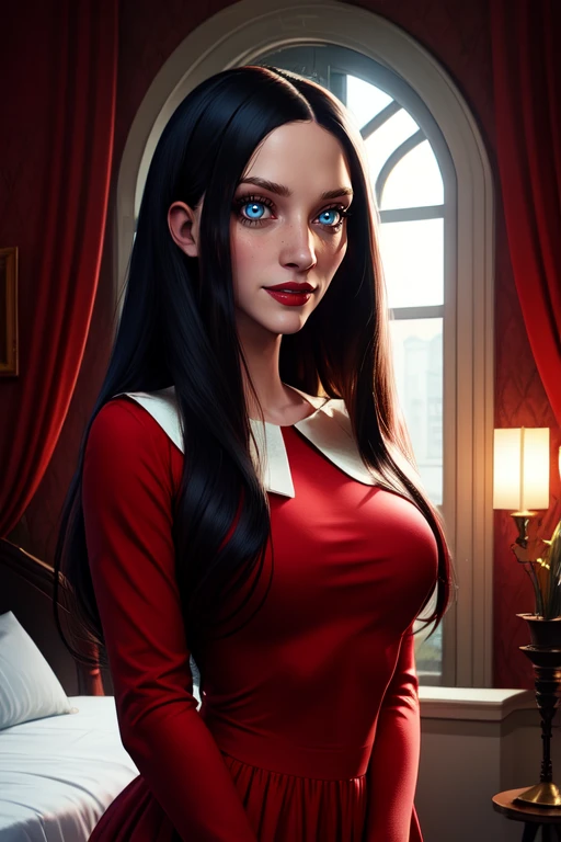 Laura, red lips, blue eyes, long black hair,
red dress, 
 upper body,  solo,  standing,  smile,  close 
 night,  large mansion, 
(insanely detailed, beautiful detailed face,beautiful detailed eyes, masterpiece, best quality)  <lora:LauraVictoriano:0.7>