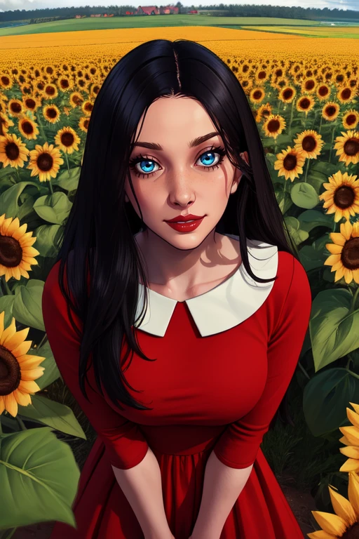 Laura, red lips, blue eyes, long black hair,
red dress, from above, skin tight,
upper body, solo, standing, smile, close
sunflower field, barn,
(insanely detailed, beautiful detailed face,beautiful detailed eyes, masterpiece, best quality) <lora:LauraVictoriano:0.7>