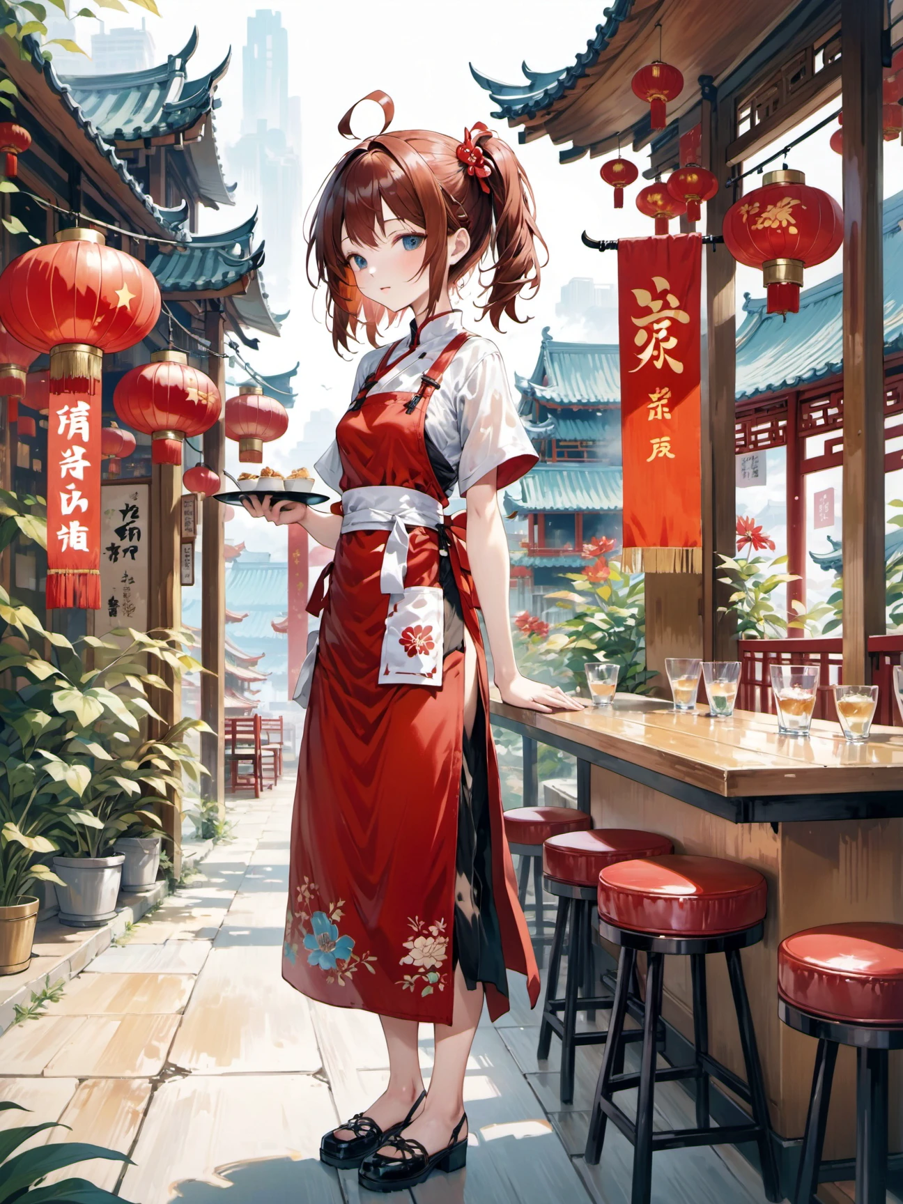 1girl, chestnut hair, short hair, messy hair, short twintails hair, hair between eyes bangs, chinese clothes apron high-heeled shoes, chinese cafe terrace daytime, from side