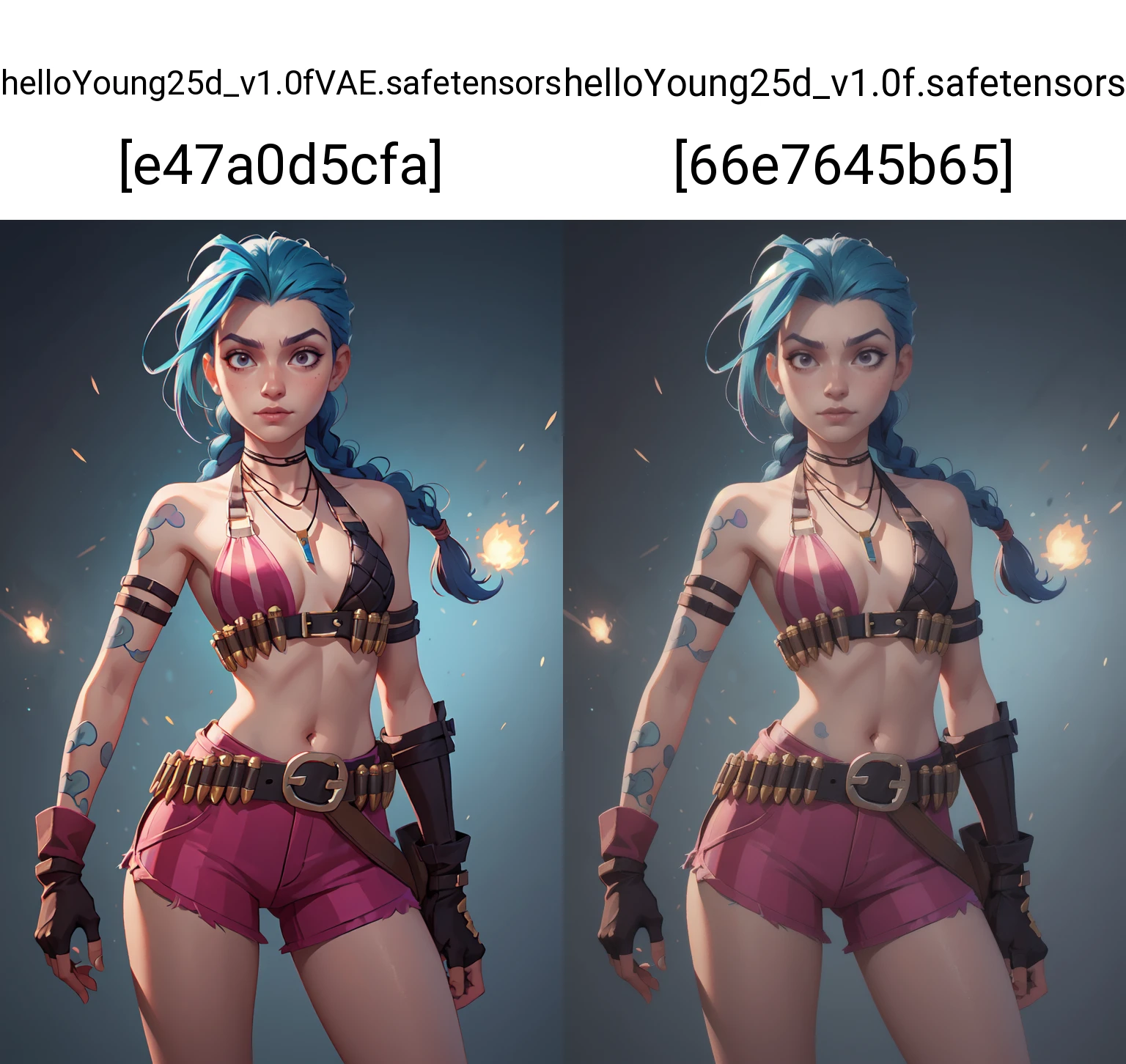 (masterpiece, best quality:1.2),intricate details,<lora:jinx_default_lol:0.8>,jinx \(league of legends\),1girl,twin braids,single elbow glove,short shorts,bikini top only,necklace,belt,bullet,fingerless gloves,<lora:GoodHands-vanilla:1>,