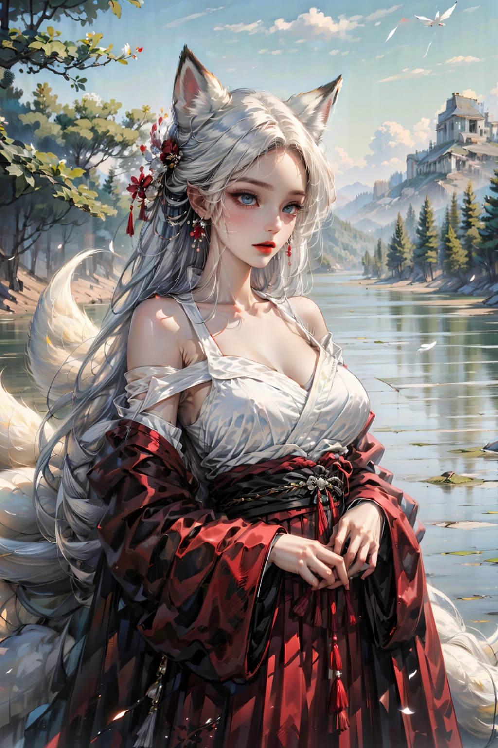 (hair_flaps:1.4),face lighting,bright backlight,medium breasts,super high resolution,best quality,Photos,4k,(Realistic:1.2),huli,1girl,white hair,fox ears,blue eyes,china_dress,hanfu,makeup,full_shot,(tail:1.1),<lora:huli_09:0.9>,(very long hair:1.1),