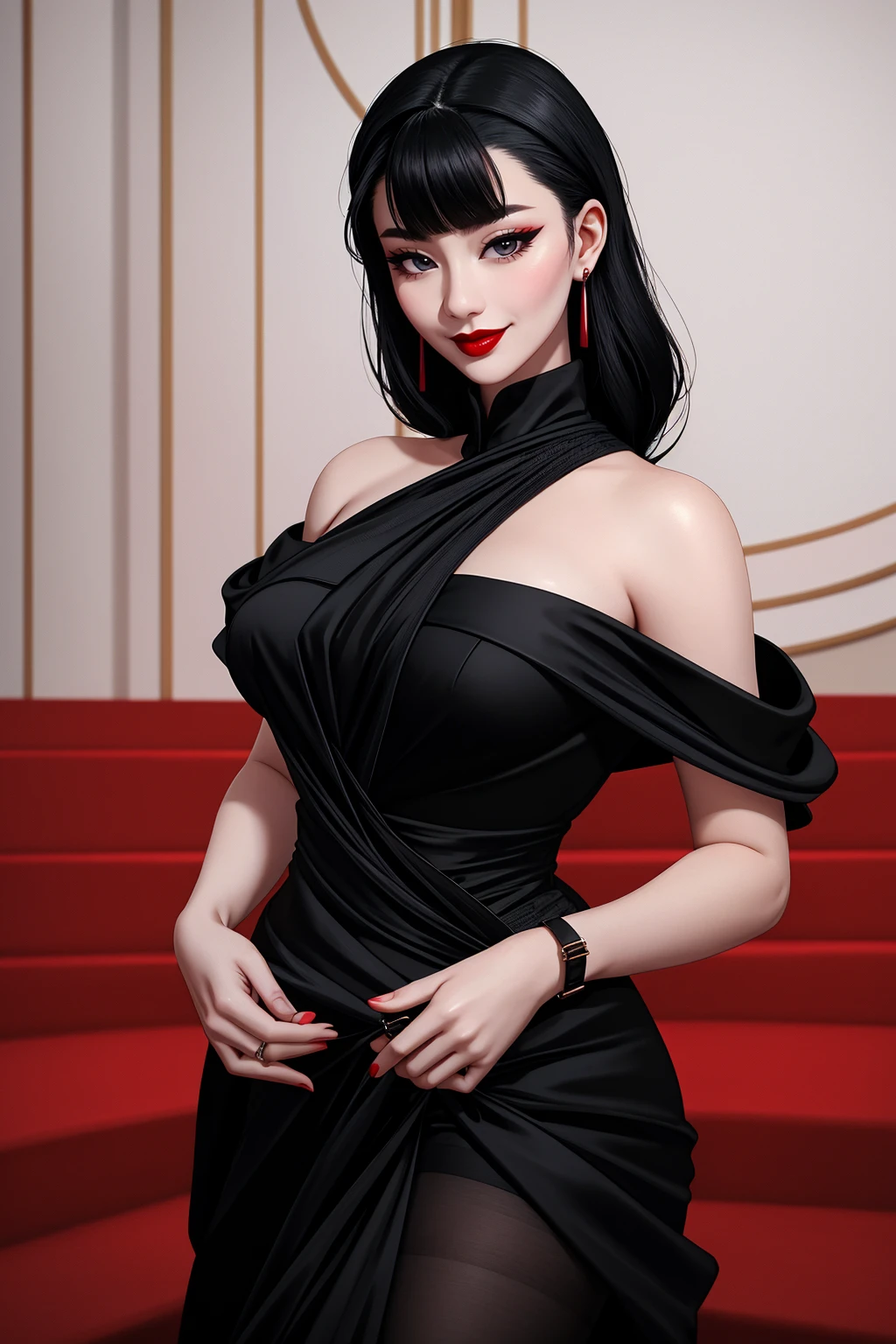 ((Masterpiece, best quality)), edgQuality,smug,smirk,
edgfbb, a woman dressed in a black dress,multiple straps ,red lipstick , wearing edgfbb fashion
 <lora:edgFanBingBing_MINI:1>