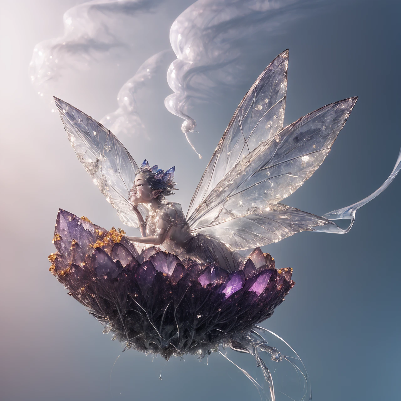 crstal17-8000 photorealistic surreal oil painting, a magnificent silver-toned beautiful fairy (floating in black thick smoke:1.21), very detailed, intricate AND (billowing:1.46) fairy on dandelion seed head :0.5