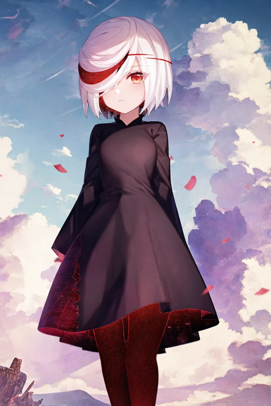 1girl, sageai, black dress, red legwear, arms behind back, expressionless, looking at viewer, cloudy, rimlight <lora:sageai-mk2-final-nohc:1>