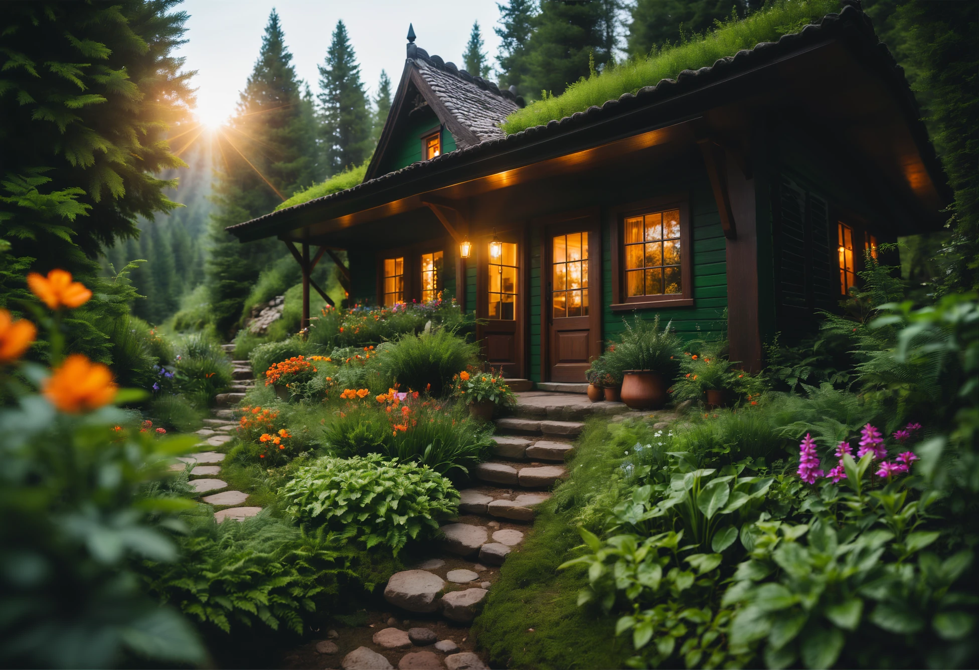 a hyperrealism landscape photo of a witch's house stands by a stream in the forest and a green witch tends the plants and trees in the garden. She has a beautiful face and shining eyes of vivid colors. She wears elaborate and delicate ornaments. The house stands in a lush green forest, decorated with plants and flowers under the eaves and on the door, masterpiece, best quality, photograph, face focus, sharp focus, photography, glowing eyes, photorealism, photorealistic, soft focus, volumetric light, simple, clean, uncluttered, modern, elegant, high quality, soft cinematic light, dramatic atmosphere, atmospheric perspective, raytracing, subsurface scattering,