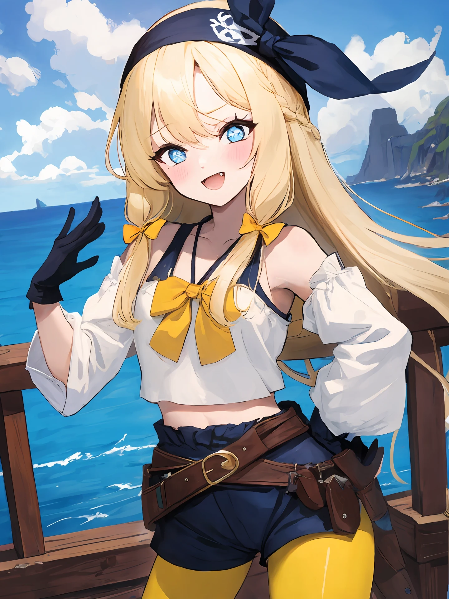 masterpiece,best quality,highres,cinematic lighting,dramatic angle,<lora:ShadowverseDeepSeaScoutV1-000039:0.8>,head scarf,blonde hair,pirate,blue eyes,star-shaped pupils,fangs,:d,blush,bare shoulders,vest,white shirt,detached sleeves,black gloves,flag,yellow pantyhose,black shorts,sheath,belt,on boat,ocean,telescope,cowboy shot,bowtie,hair ribbon,braided bangs,(bent over:1.2),half-closed eyes,one hand on own cheek and one hand on own hip,taunting,whispering