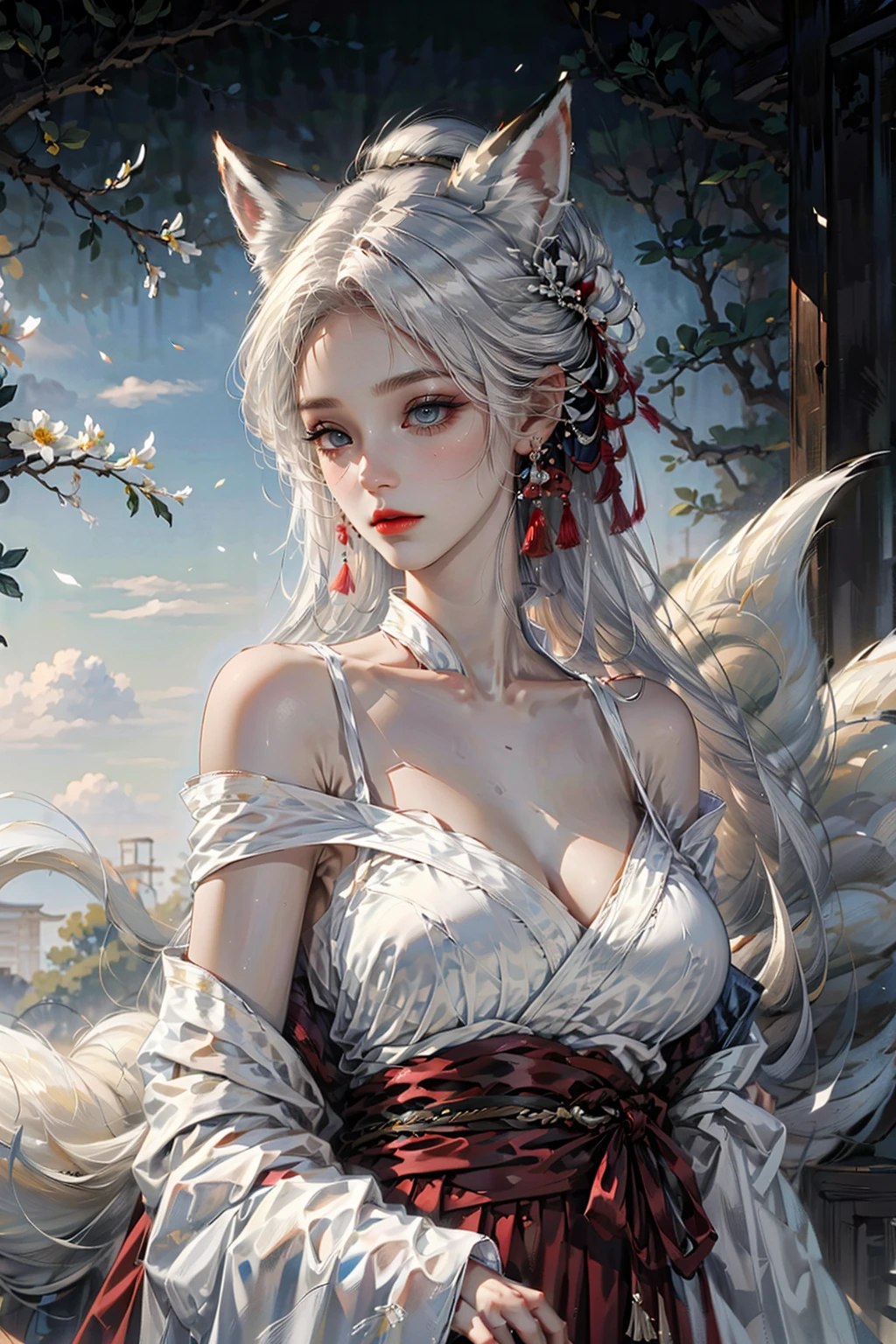 (hair_flaps:1.4),face lighting,bright backlight,medium breasts,super high resolution,best quality,Photos,4k,(Realistic:1.2),huli,1girl,white hair,fox ears,blue eyes,china_dress,hanfu,makeup,(full_shot:1.2),(tail:1.2),<lora:huli_09:0.9>,(very long hair:1.1),