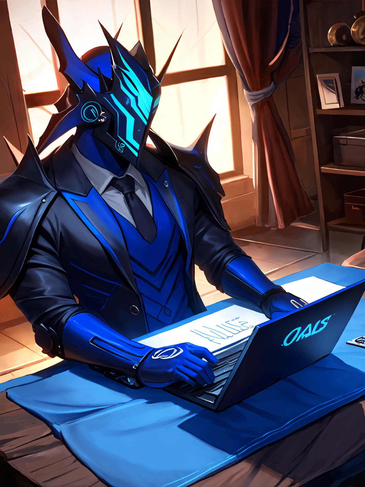 masterpiece,best quality,highres,cinematic lighting,dramatic angle,1boy,<lora:ShadowverseKyrzaelV1:0.8>,helmet,cape,armor,black suit,necktie,cowboy shot,sitting on big office mobile chair,at office,keyboard,typing words with keyboard,laptop,coffee on table,office table,profile,gloves,monitor