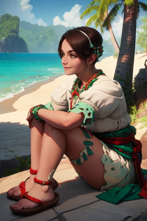 Alva, short brown hair, brown eyes
green jewelry, short puffy sleeves, white and green dress, shorts, headpiece, sandals, red sash,
upper body, solo, smile, sitting,
tropical forest, beach, village,
(insanely detailed, beautiful detailed face,beautiful detailed eyes, masterpiece, best quality) <lora:Alva:0.8>
