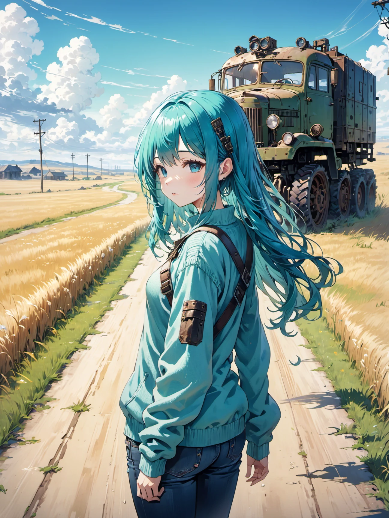 1girl, aqua hair, long hair, side hair, blunt bangs bangs, dieselpunk sweater jeans hairclip , abandoned roads in the grasslands daytime, wide shot