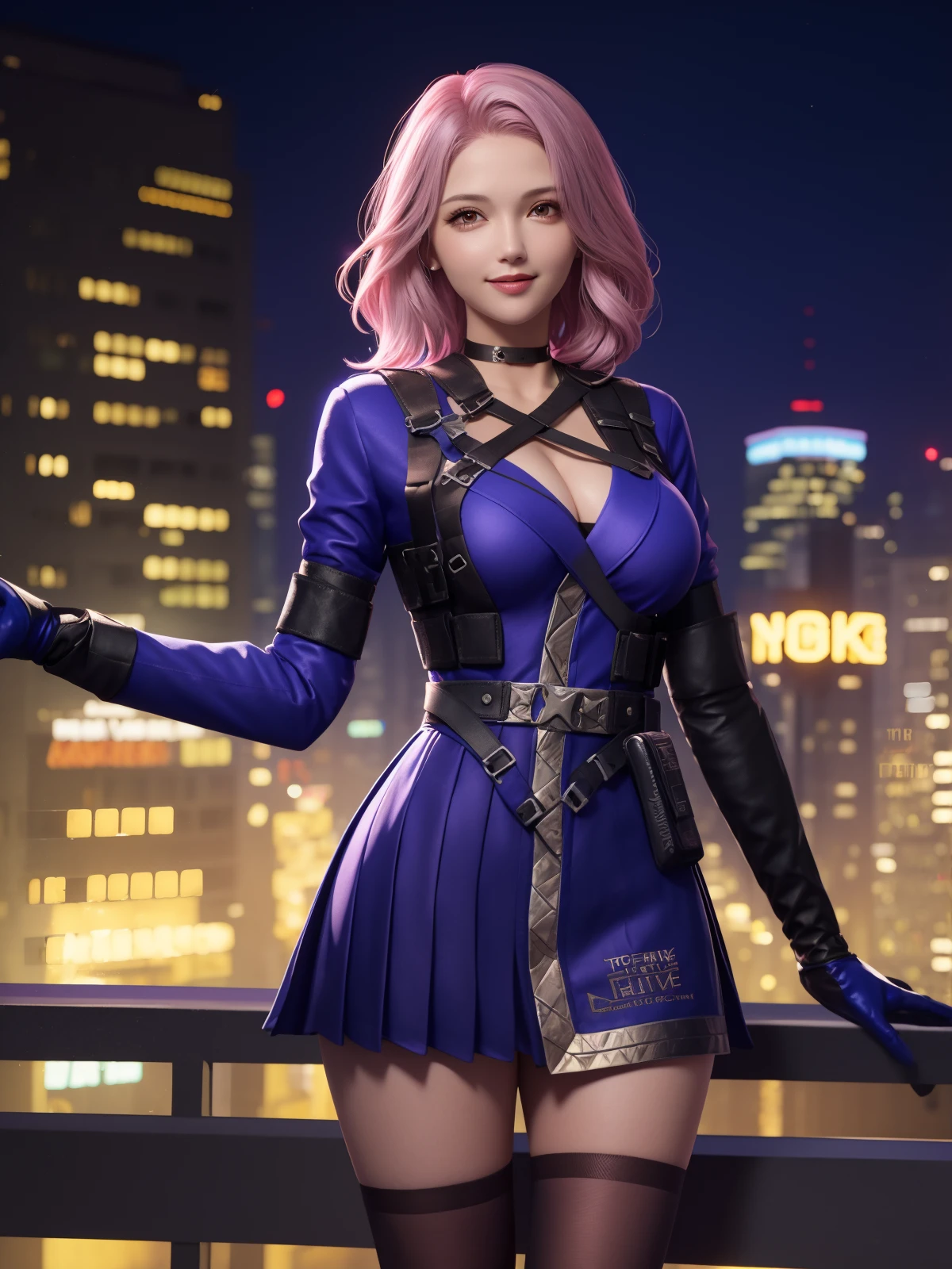 CFyunyouyouBW, 1girl, solo, pink hair, choker, dress, asymmetrical legwear, elbow gloves, belt,holster, breasts, jewelry,cityscape, night, looking at viewer, mature female,<lora:CFyunyouyouBWi:0.75>,light smile, cowboy shot,