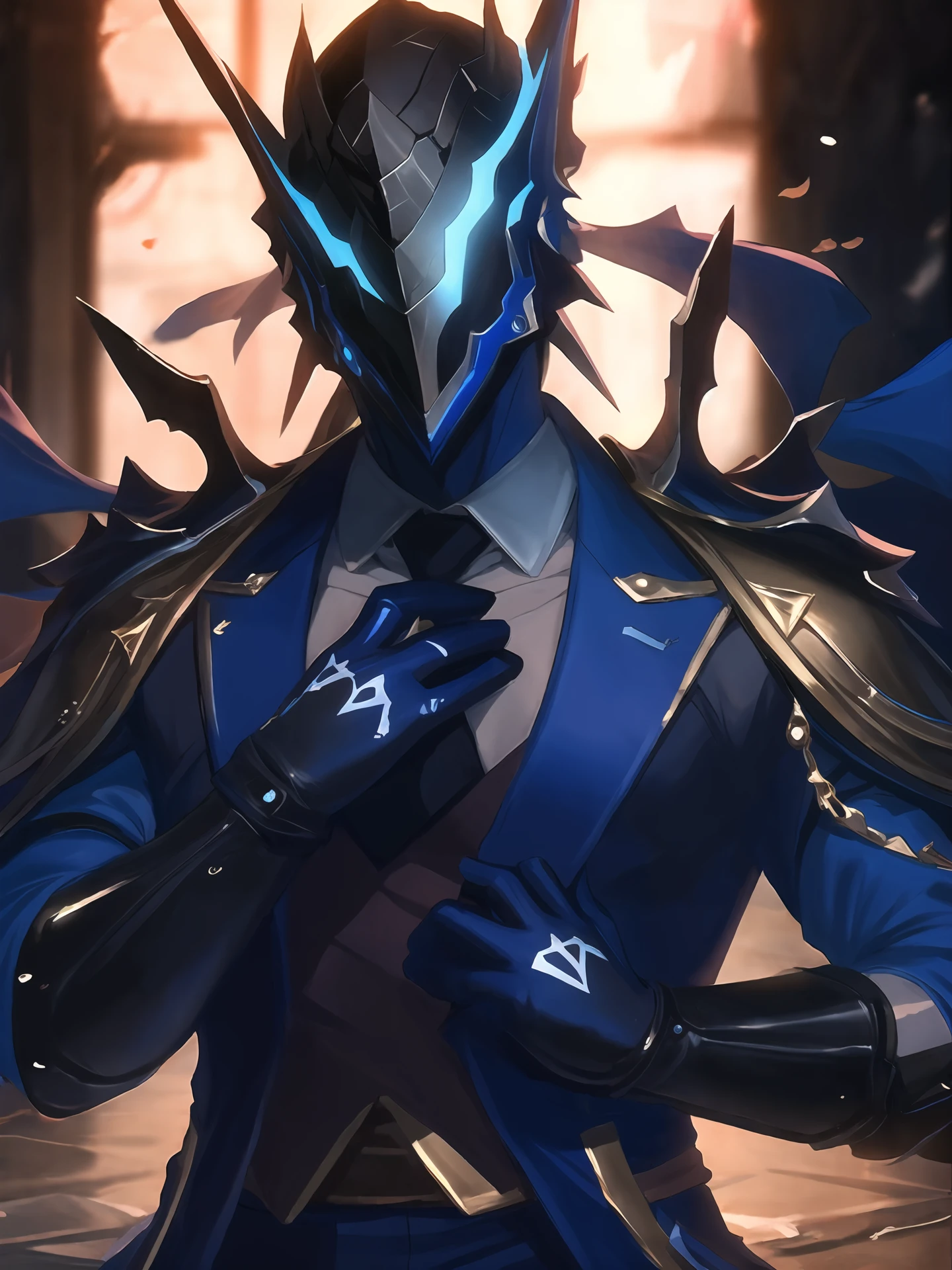 masterpiece,best quality,highres,cinematic lighting,dramatic angle,1boy,adjusting necktie,<lora:ShadowverseKyrzaelV1-000048:0.9> ,looking at viewer,helmet,vest,armor,cape,necktie,black suit