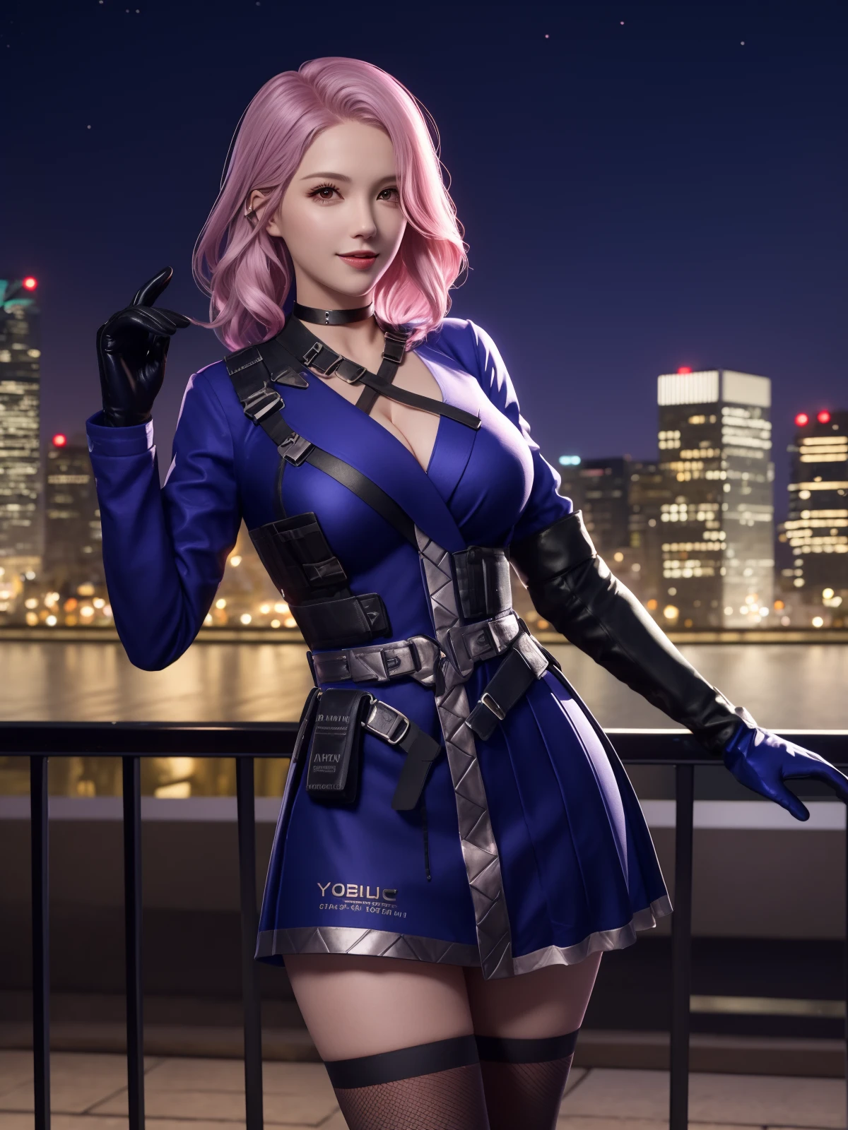 CFyunyouyouBW, 1girl, solo, pink hair, choker, dress, asymmetrical legwear, elbow gloves, belt,holster, breasts, jewelry,cityscape, night, looking at viewer, mature female,<lora:CFyunyouyouBWi:0.75>,light smile, cowboy shot,