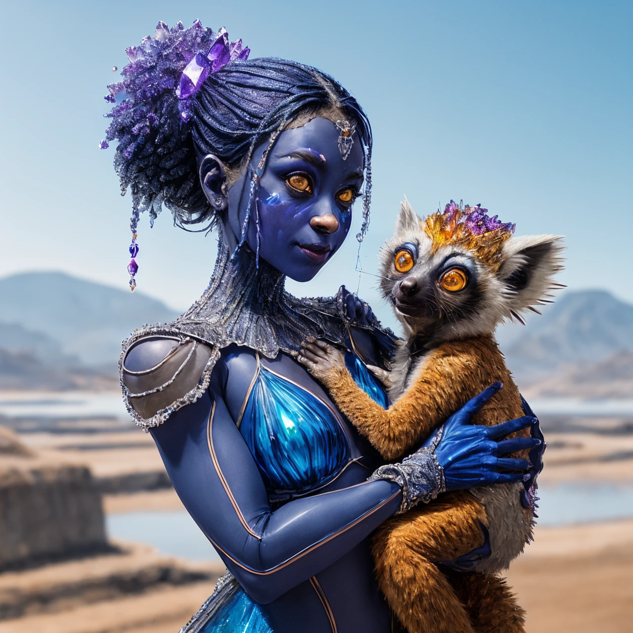 illustrative Photorealism drawing, a crstal17-8000 simple coloured line drawing of a cobalt-blue-tinted Lemur perched on the shoulder of a Greek cyborg nun and cyborg clown in a fantasy setting of mudflats, very detailed, intricate, crisp lines, skin imperfections