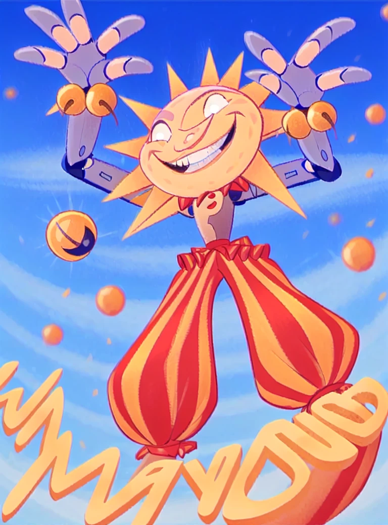 standing, SunFNAF, bell, red clothing, (humanoid), male, sun, rays, spikes, smile, solo, robot, white eyes, teeth, <lora:dca-2d-run3:0.75> <lora:Daycare_Attendants:0.25>, (best quality, masterpiece:1), detailed