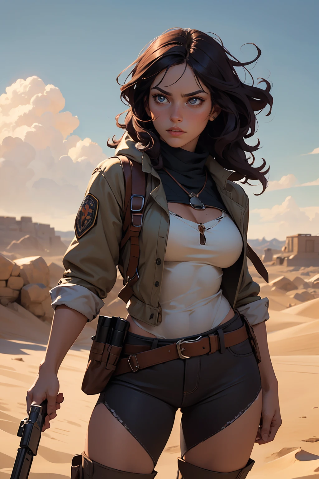 highres, masterpiece, perfect lighting, bloom, Capture a captivating portrait of a female gunslinger, her stance emanating confidence and her eyes filled with an unwavering determination. Picture her holding her gun with a firm grip, displaying her expertise and comfort with her weapon of choice. The subtle curl of her lips conveys both a sense of focus and readiness for any challenge that comes her way. Dressed in rugged attire suited for the Wild West, she embodies the essence of a fearless frontier woman. Against the backdrop of a dusty desert or weathered town, utilize a medium telephoto lens to capture the intricate details of her weapon, emphasizing her commanding presence as she holds her gun with an air of quiet strength and resilience