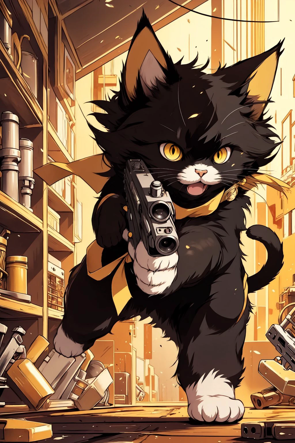 masterpiece, best quality, anime, illustration, solo, dynamic pose, <lora:cat_20230627113759:0.5>, cat, (small:1.3), cute, black fur, yellow eyes, gun,