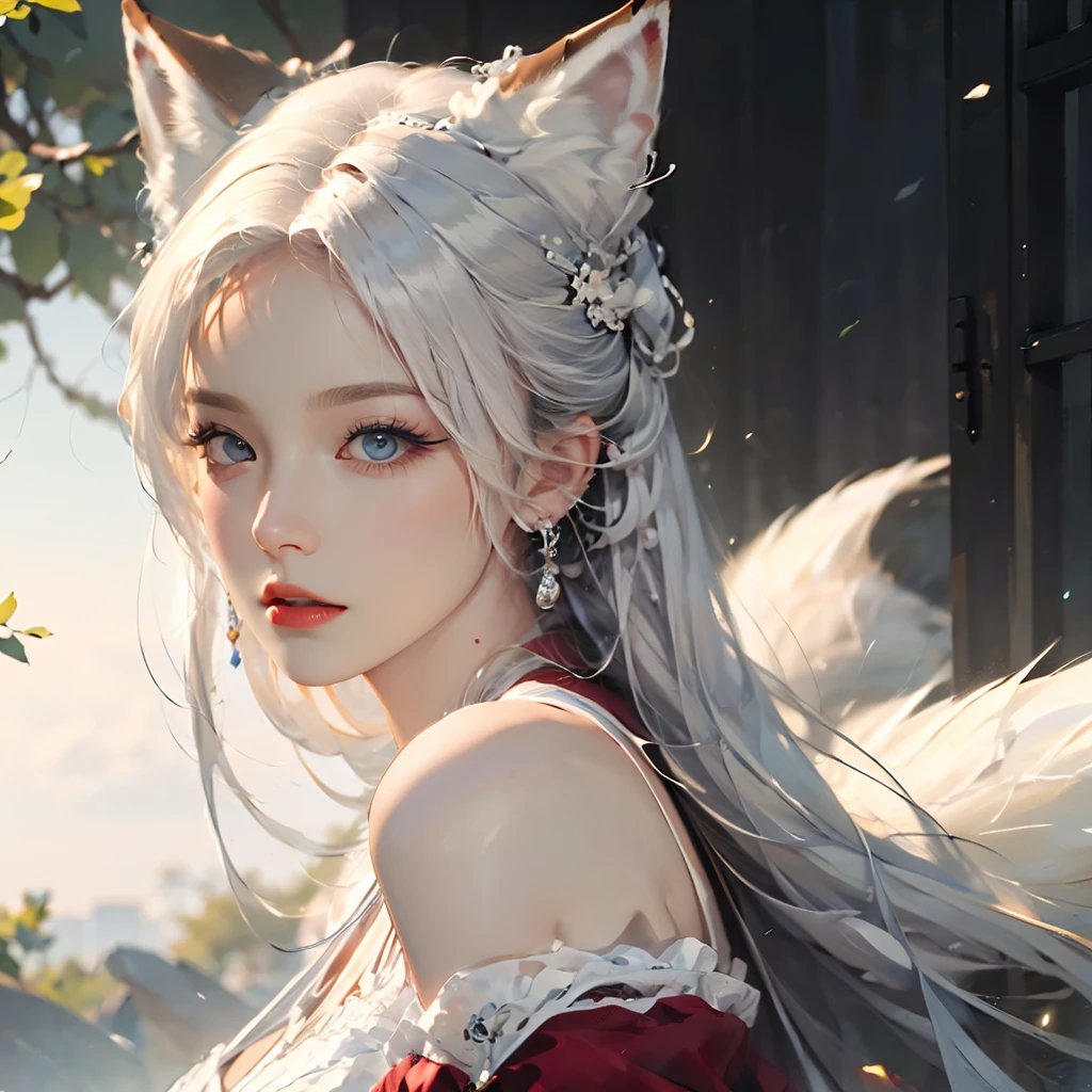 face lighting,bright backlight,medium breasts,super high resolution,best quality,Photos,4k,(Realistic:1.2),huli,1girl,white hair,fox ears,blue eyes,<lora:huli_09:0.8>,