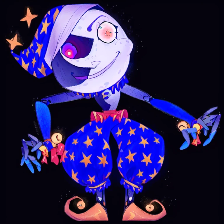 <lora:dca-2d-run3:1> standing, solo, humanoid, MoonFNAF, robot, heterochromia, nightcap, hat, moon, blue clothing, male, (frown), red eyes, teeth, grimace, (best quality, masterpiece:1), detailed