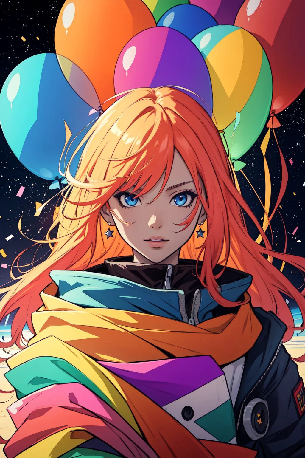 masterpiece, best quality, bold, colorful, anime, illustration. portrait, solo, cowboy shot, looking at viewer, detailed background, detailed face, 1girl, birthday, balloons, confetti, colourful, explosion of color, in space, stars, <lora:doortoinfinity:0.3>  <lora:improve_backgrounds:0.3>