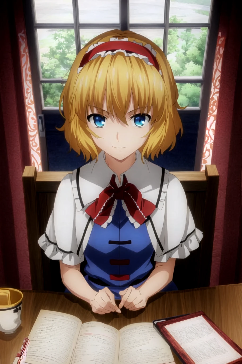 ufotable style, upper body, 1girl, alice margatroid touhou, solo, light smile, book, looking at viewer
<lora:ufotable_lycoris_v4:1> <lora:alice_margatroid_touhou:0.8>