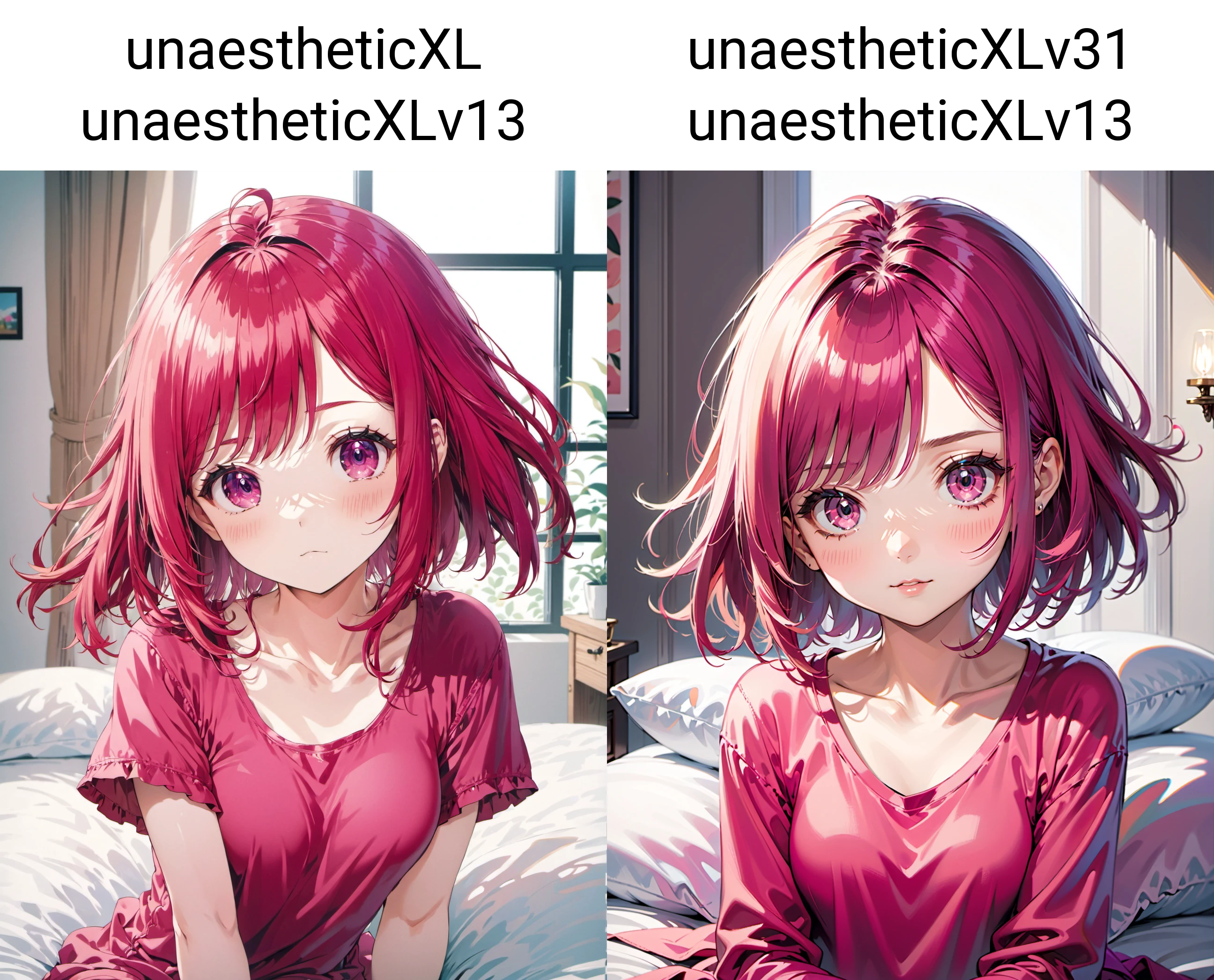 1girl, magenta,peach,medium hair,bedroom