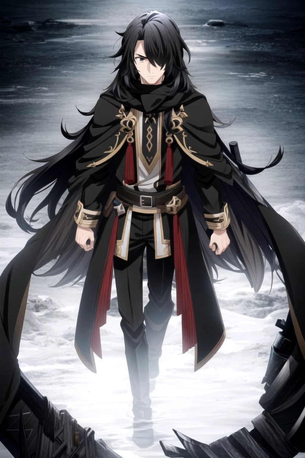 ufotable style, 1boy, (hair over one eye:1.2), black hair, (long hair:1.2), straight hair, black coat, bags under eyes, scar on cheek, scarf,
<lora:ufotable_lycoris_v4:1>
