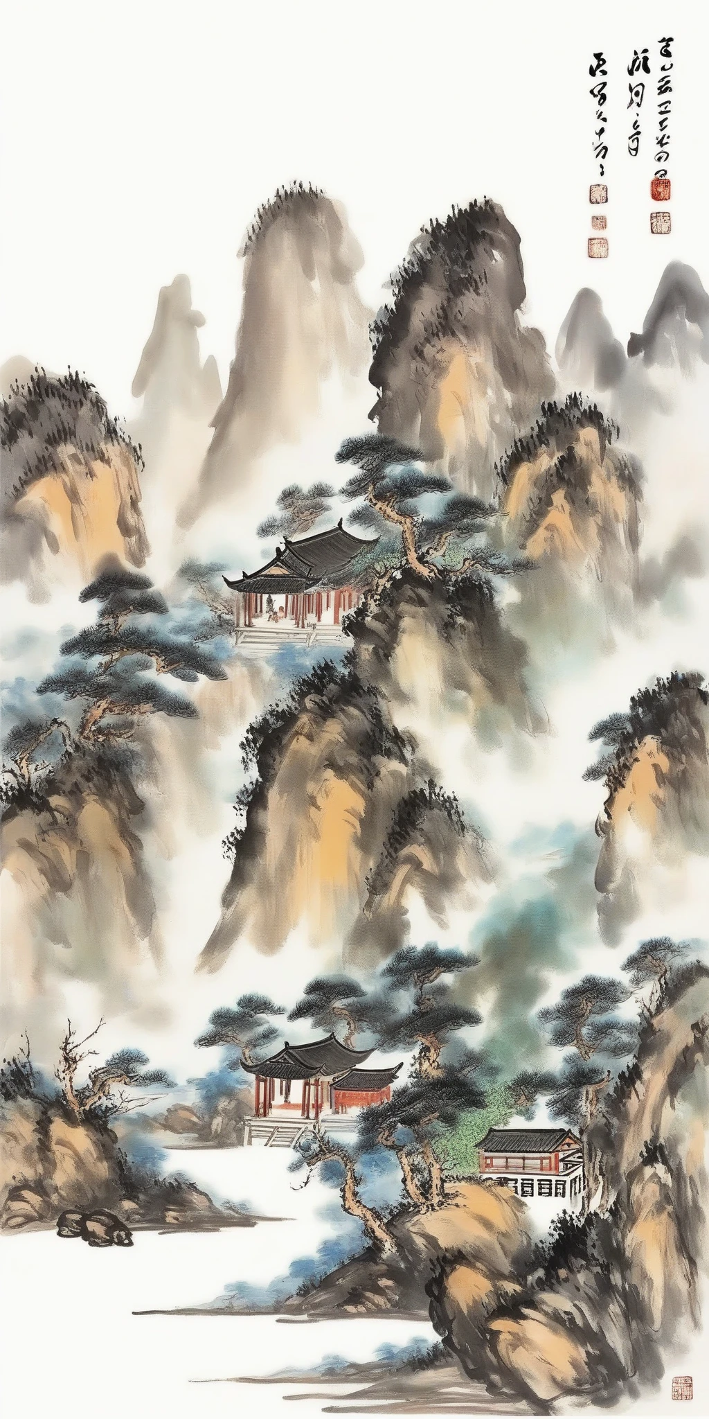 QIEMANCN,mountain , river, house, ink-painting, chinese style, <lora:landscape-painting-sdxl_v2-000005:0.8>