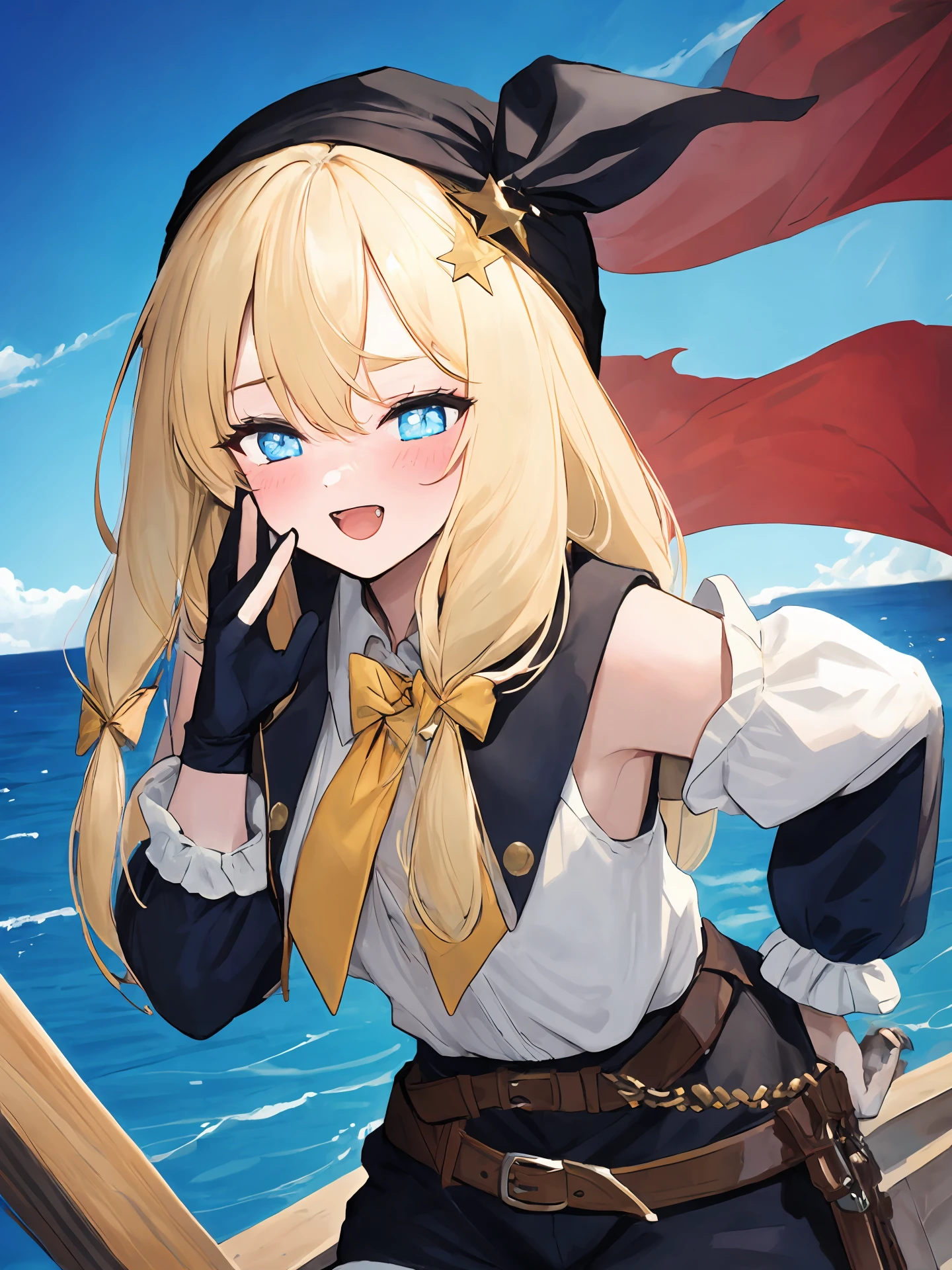 masterpiece,best quality,highres,cinematic lighting,dramatic angle,<lora:ShadowverseDeepSeaScoutV1-000039:0.8>,head scarf,blonde hair,pirate,blue eyes,star-shaped pupils,fangs,:d,blush,bare shoulders,vest,white shirt,detached sleeves,black gloves,flag,yellow pantyhose,black shorts,sheath,belt,on boat,ocean,telescope,cowboy shot,bowtie,hair ribbon,braided bangs,(bent over:1.2),half-closed eyes,one hand on own cheek and one hand on own hip,taunting,whispering