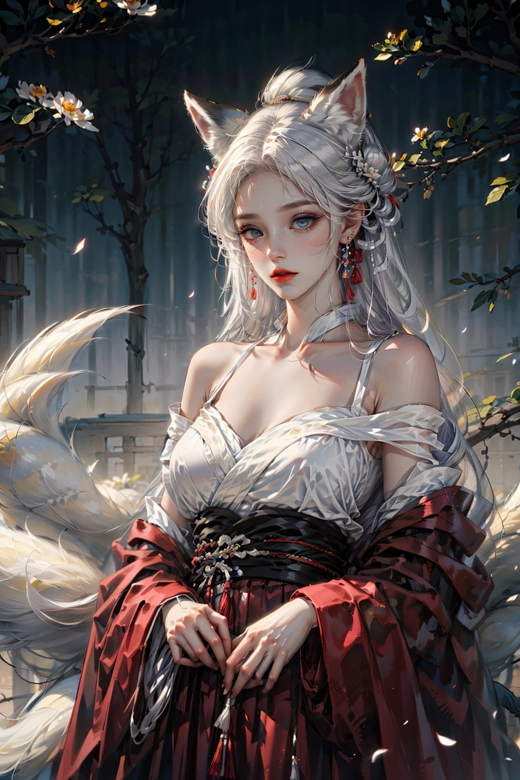 (hair_flaps:1.4),face lighting,bright backlight,medium breasts,super high resolution,best quality,Photos,4k,(Realistic:1.2),huli,1girl,white hair,fox ears,blue eyes,china_dress,hanfu,makeup,(full_shot:1.2),(tail:1.2),<lora:huli_09:0.9>,(very long hair:1.1),