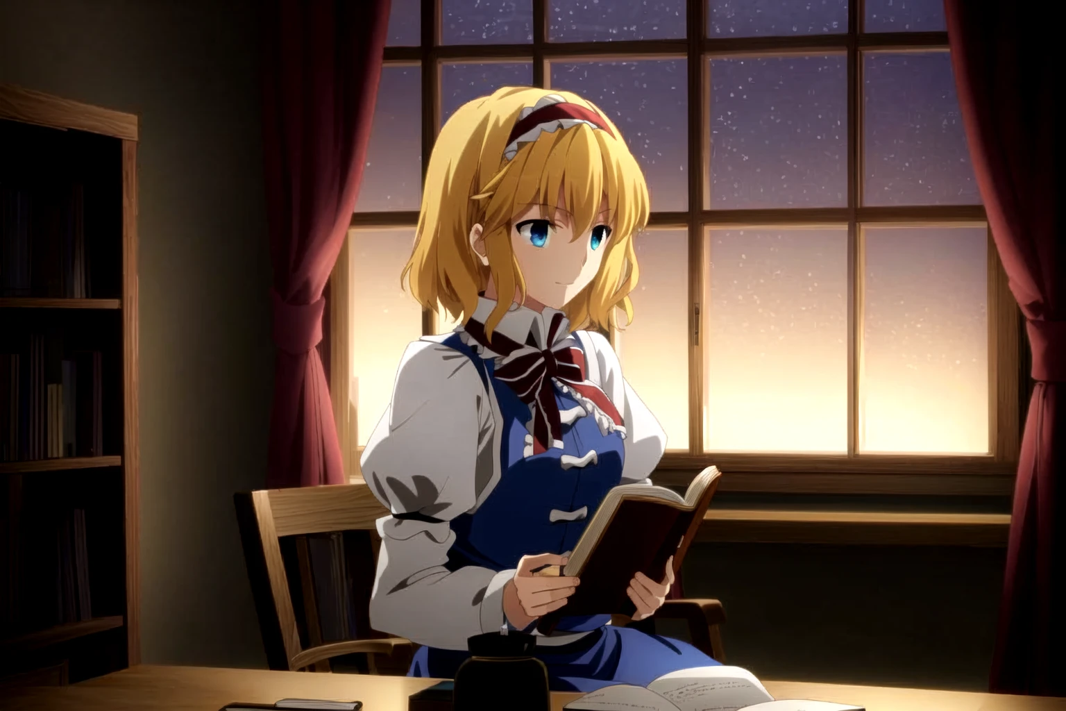 ufotable style, upper body, 1girl, alice margatroid touhou, solo, light smile, reading, book, indoors, (night:1.3), candle, window, desk, sitting, (darkness:1.2),
<lora:ufotable_lycoris_v4:1> <lora:alice_margatroid_touhou:0.8>