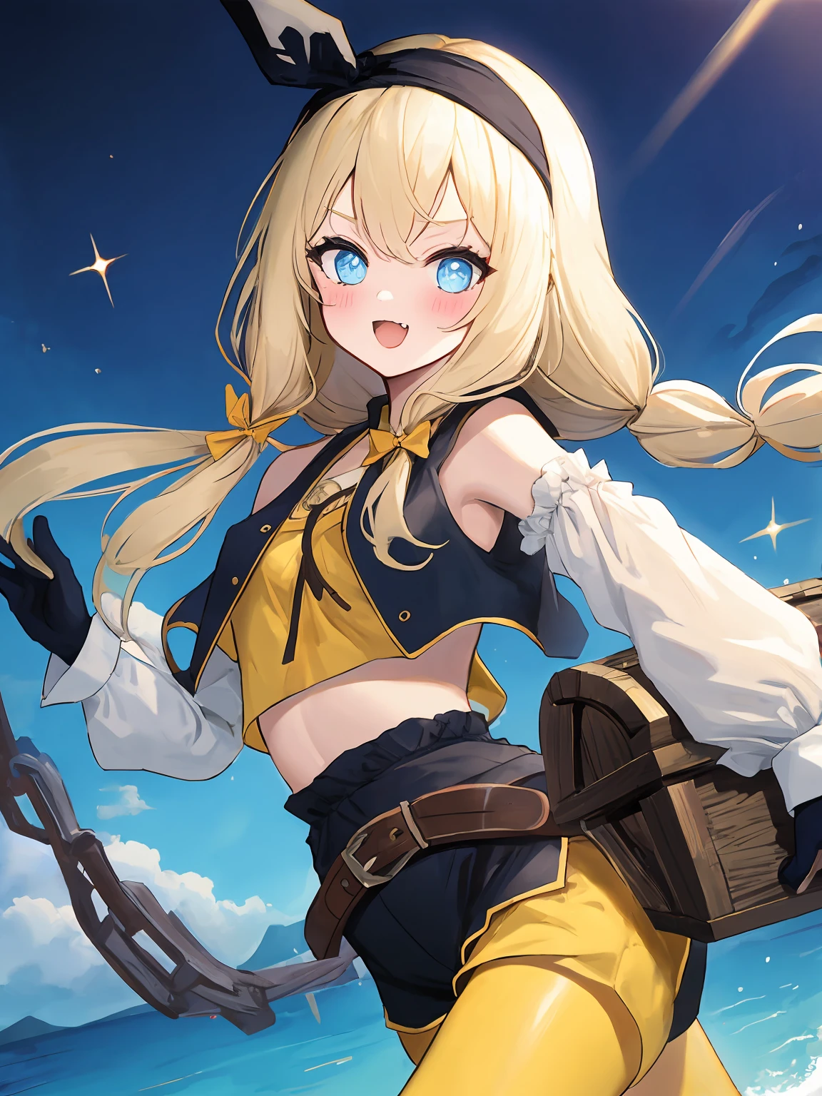 masterpiece,best quality,highres,cinematic lighting,dramatic angle,<lora:ShadowverseDeepSeaScoutV1-000039:0.8>,head scarf,blonde hair,pirate,blue eyes,star-shaped pupils,fangs,:d,blush,bare shoulders,vest,white shirt,detached sleeves,black gloves,holding flag,yellow pantyhose,black shorts,sheath,belt,on boat,ocean,boots,telescope,cowboy shot,bowtie,hair ribbon,braids,holding treasure box full with gold and coins