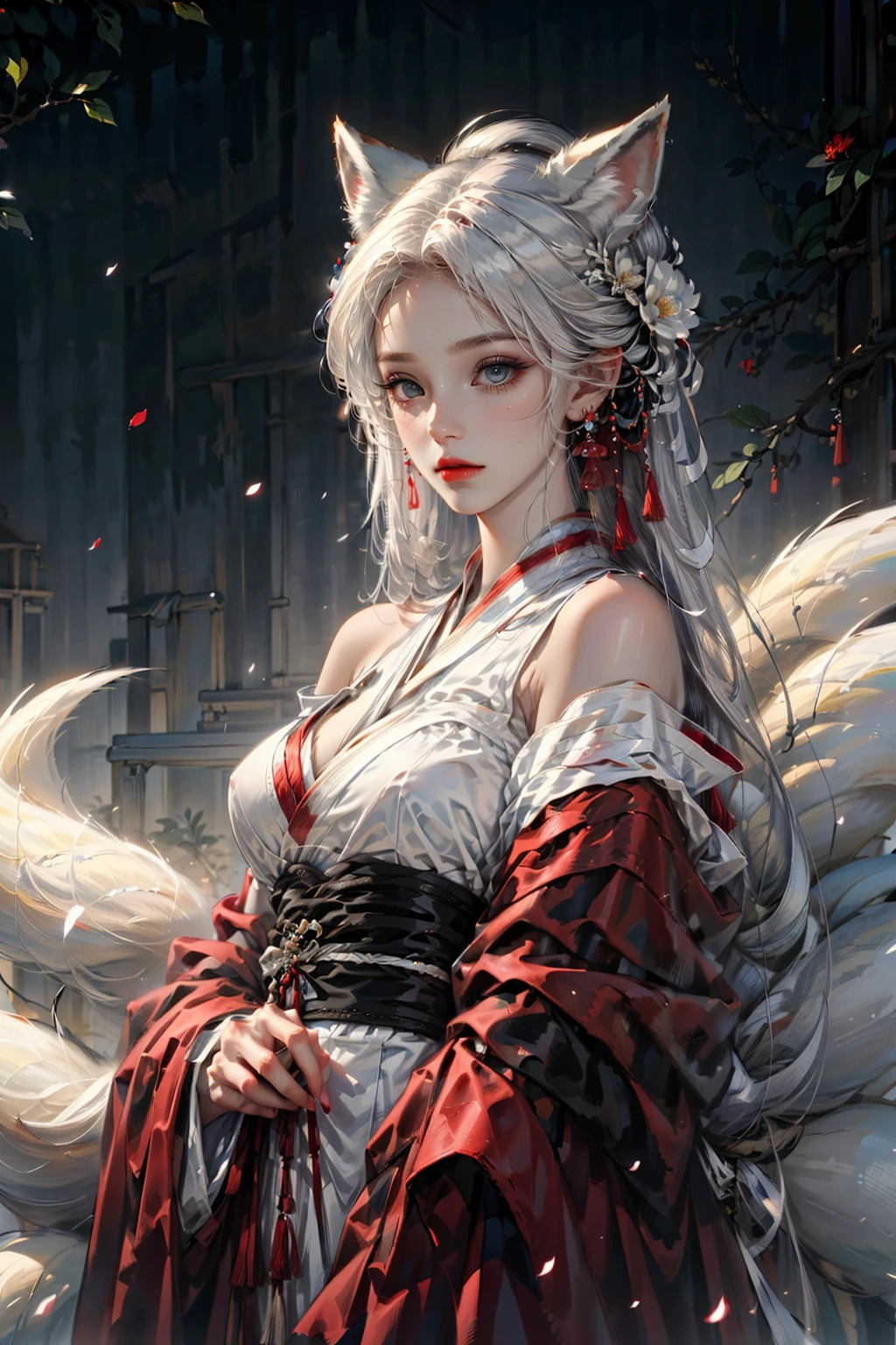 (hair_flaps:1.4),face lighting,bright backlight,medium breasts,super high resolution,best quality,Photos,4k,(Realistic:1.2),huli,1girl,white hair,fox ears,blue eyes,china_dress,hanfu,makeup,(full_shot:1.2),(tail:1.2),<lora:huli_09:0.9>,(very long hair:1.1),