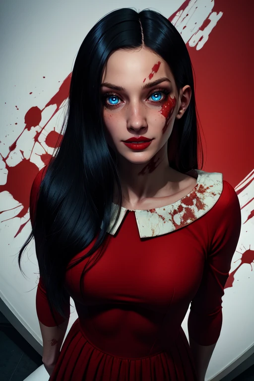 Laura, red lips, blue eyes, long black hair,
red dress,  from above,  skin tight, 
 upper body,  solo,  standing,  smile,  close 
hospital, dark,  horror \(theme\), blood on clothes, 
(insanely detailed, beautiful detailed face,beautiful detailed eyes, masterpiece, best quality)  <lora:LauraVictoriano:0.8>