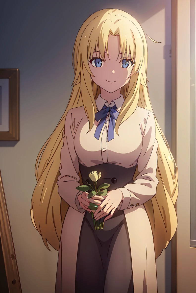 (extremely detailed CG unity 8k wallpaper), (masterpiece), (best quality), (ultra-detailed), (best illustration), (best shadow), (absurdres), <lora:rita-13:0.7>,rita, 1girl, blonde hair, blue eyes, long hair, solo, flower, smile